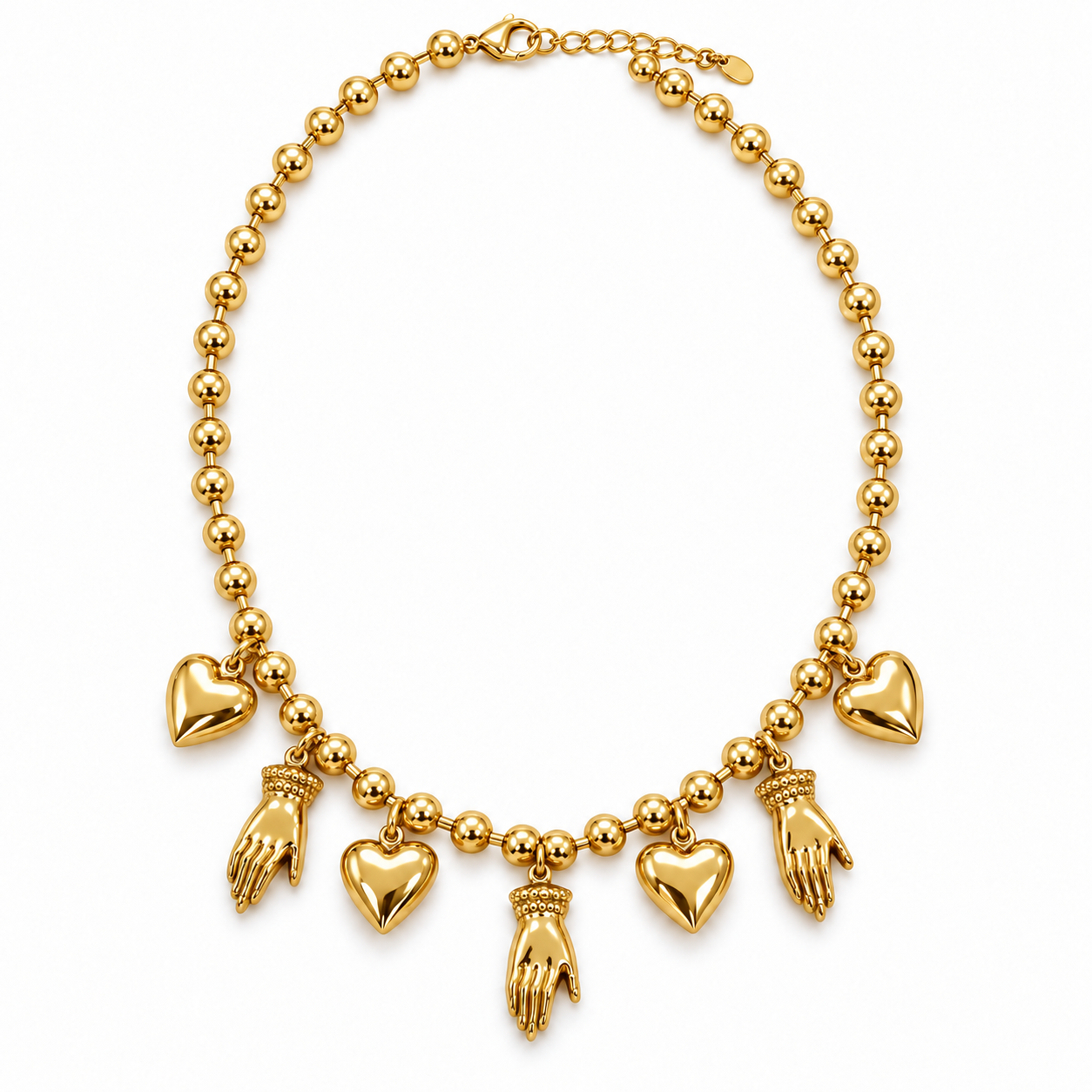 Collana Premura a sfere con ciondoli a cuore e a mano, versione gold