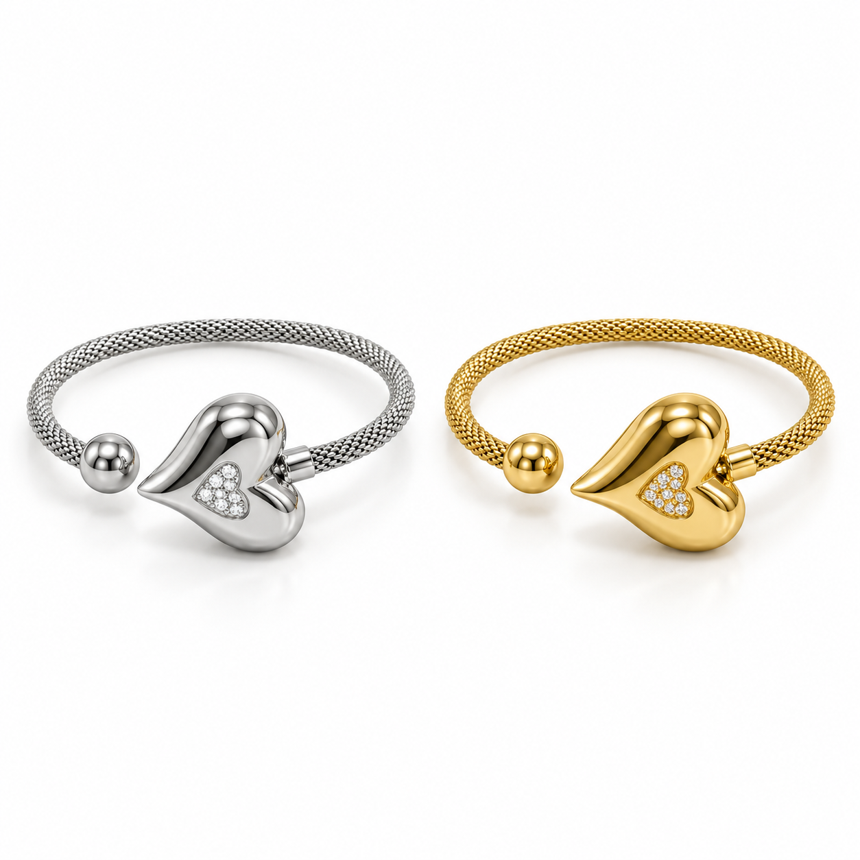 Bracciale Corazon rigido con cuore e sfera, versioni silver e gold