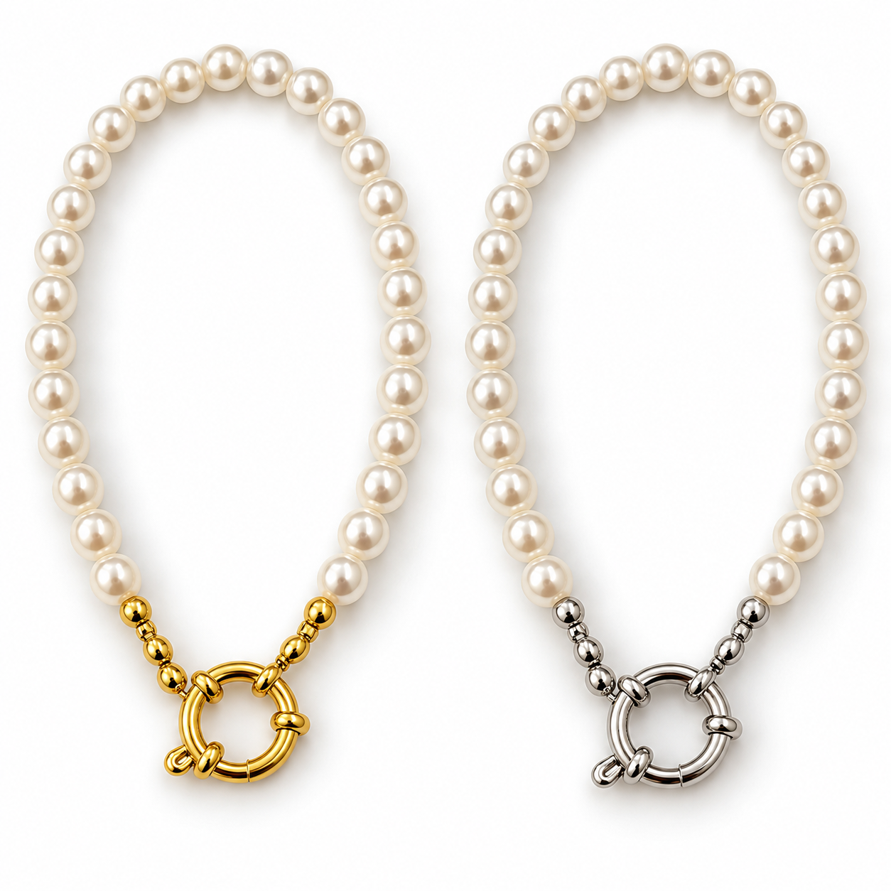 Bracciale Perlissima con perle e moschettone tondo, versioni gold e silver