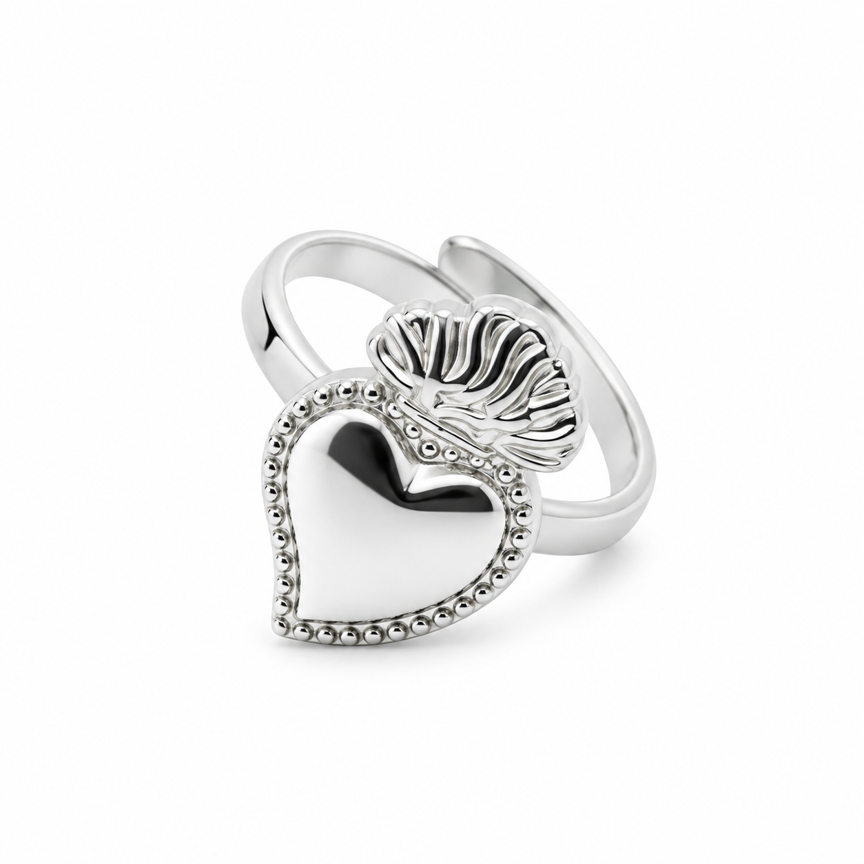 Anello Cuore Sacro Big con cuore bombato e fiamma, versione silver