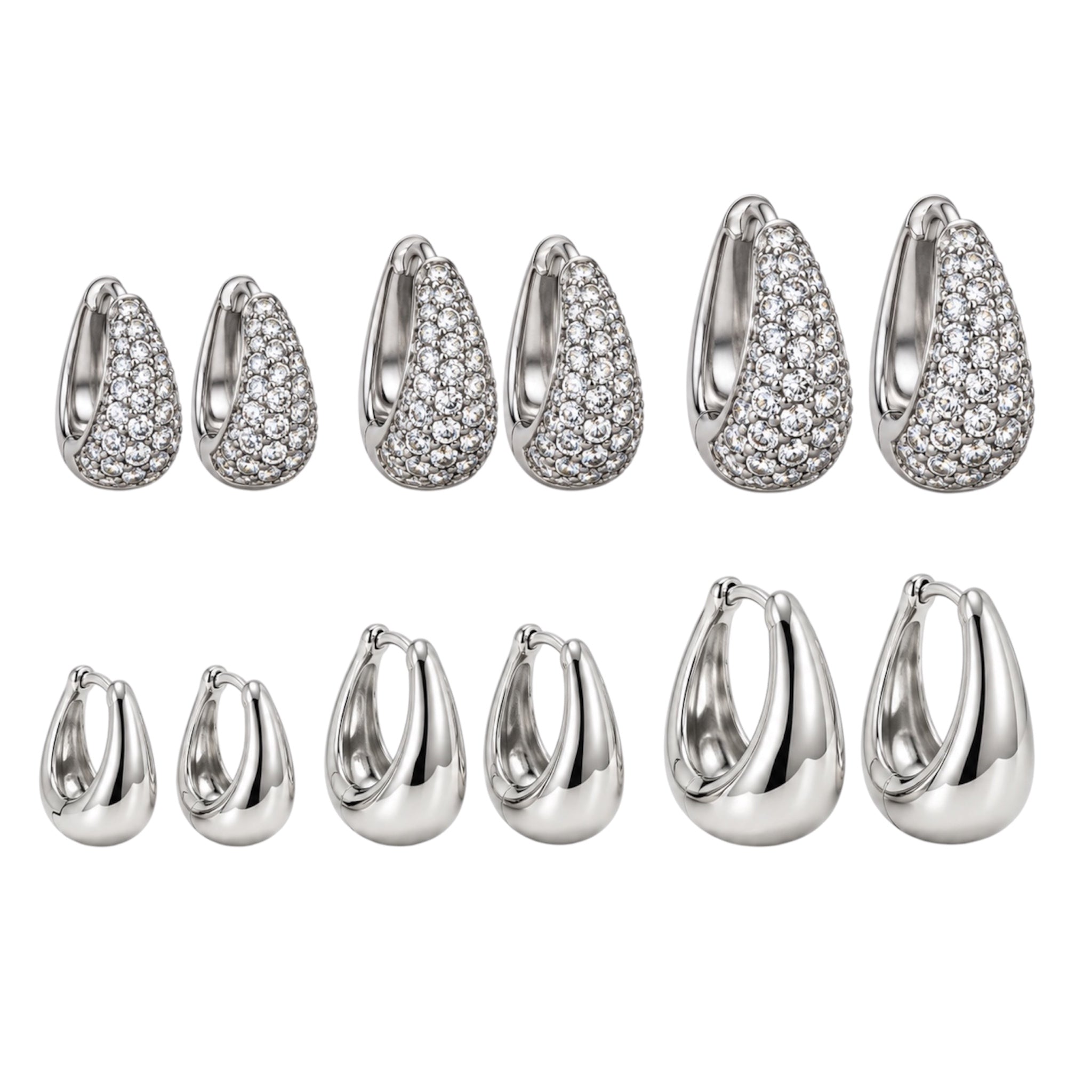 Set Minimal Strass, 6 orecchini double-face lato strass e lato liscio, versione silver