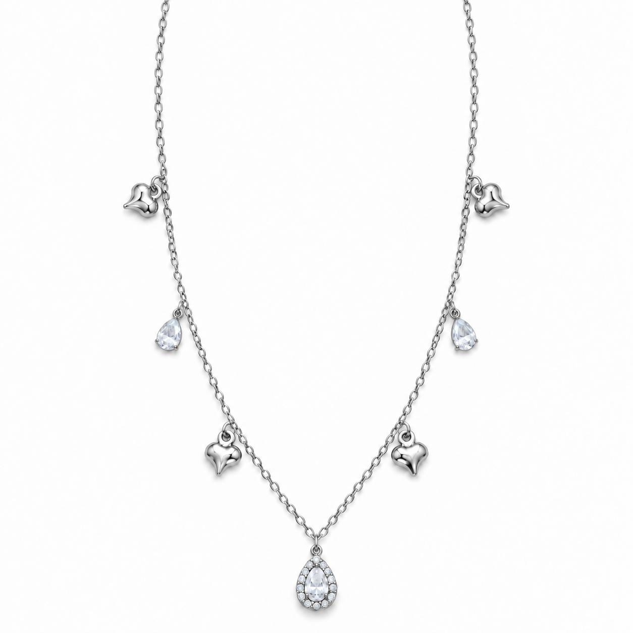 Collana Gocce Strass con pendenti a cuore e goccia, versione silver