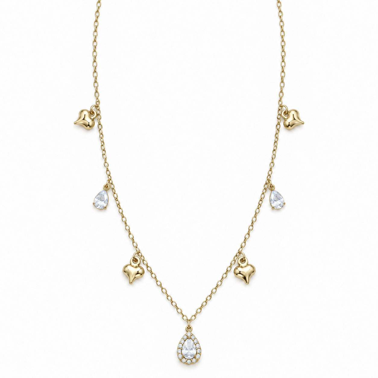 Collana Gocce Strass con pendenti a cuore e goccia, versione gold