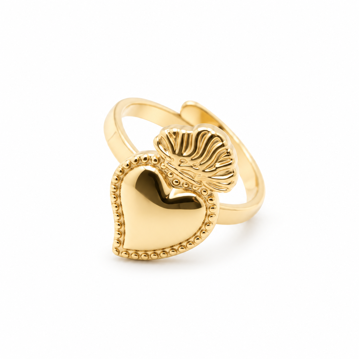 Anello Cuore Sacro Big con cuore bombato e fiamma, versione gold