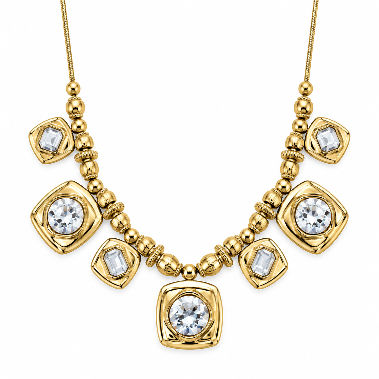 Collana Versailles con pietre tonde in cornici quadrate, versione gold