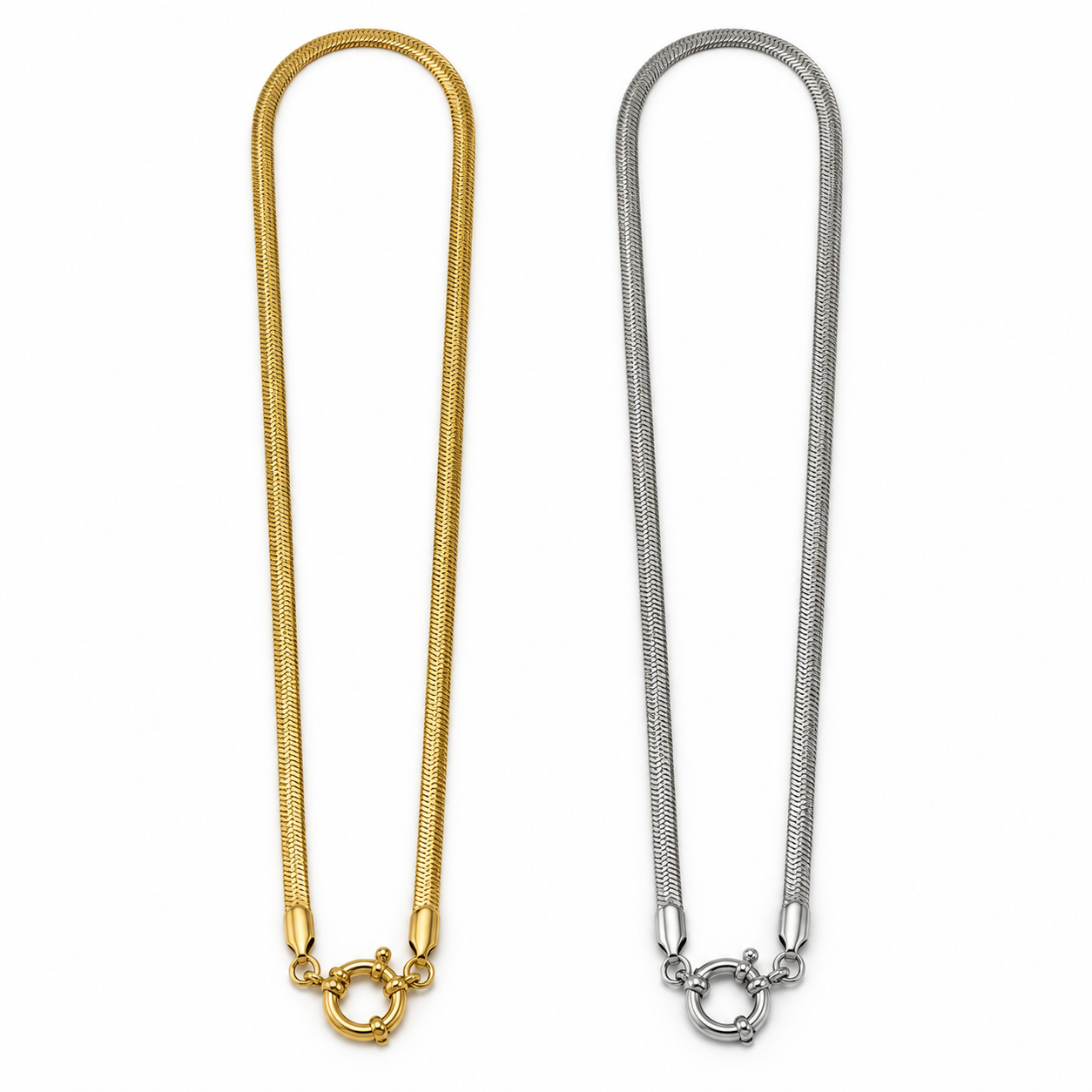Collana Fusion con catena piatta e moschettone tondo, versioni gold e silver