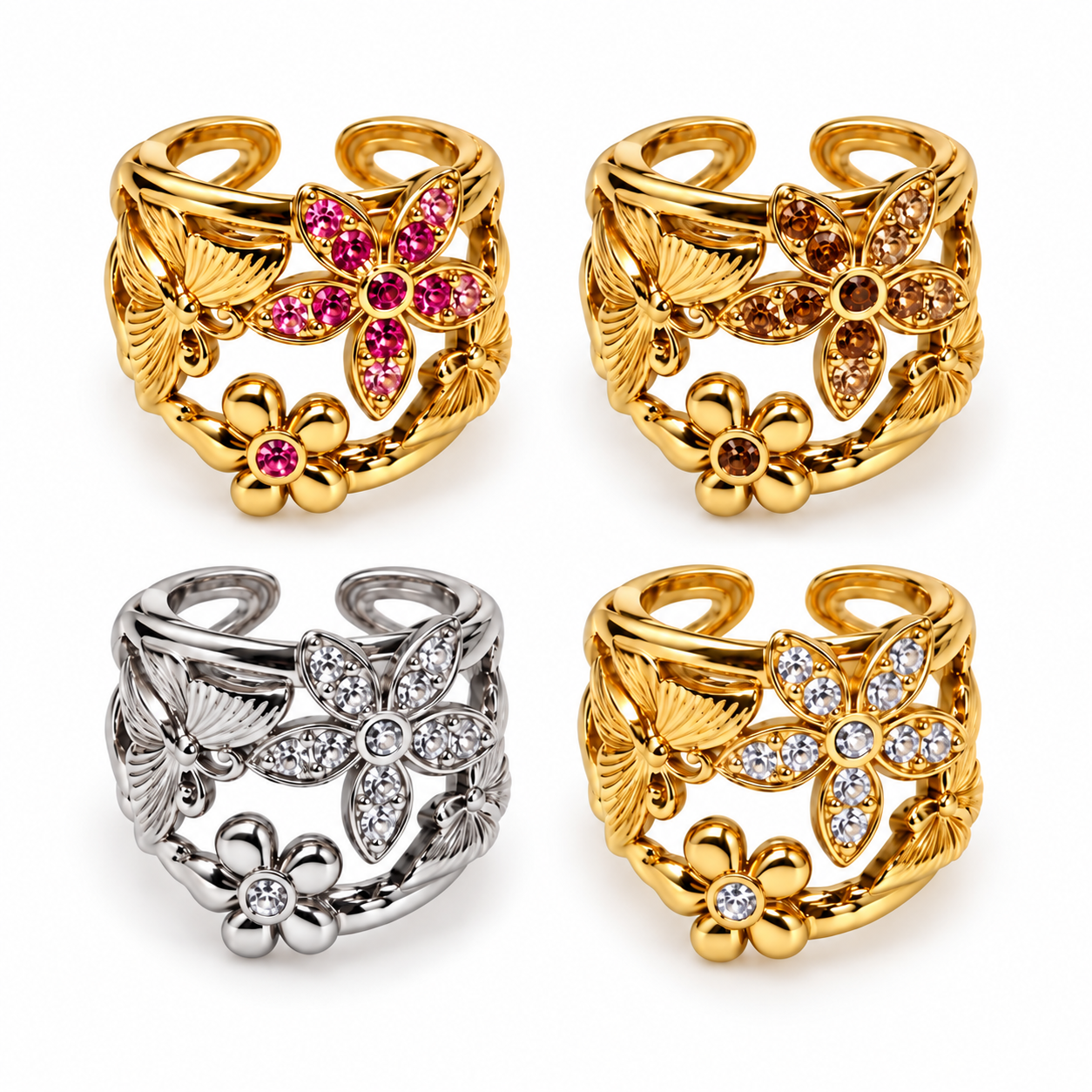 Anello Giardino con fiori e foglie, varianti gold rosa, gold marrone, silver neutro e gold neutro