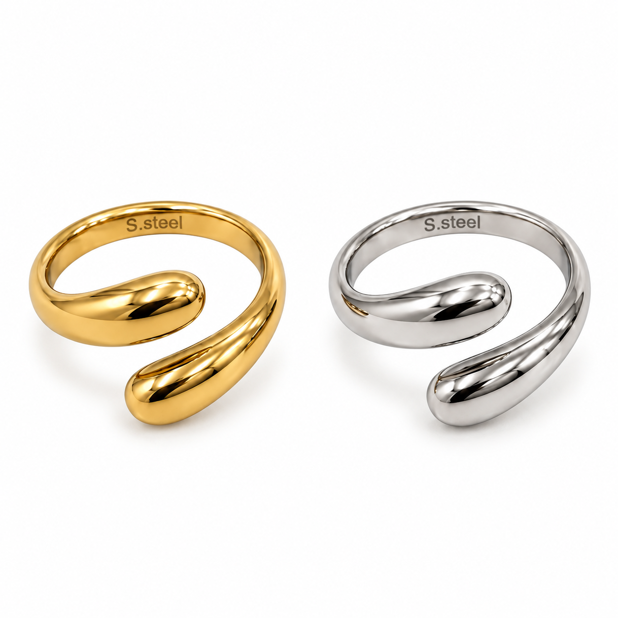 Anello Strada aperto con estremità a goccia, versioni gold e silver