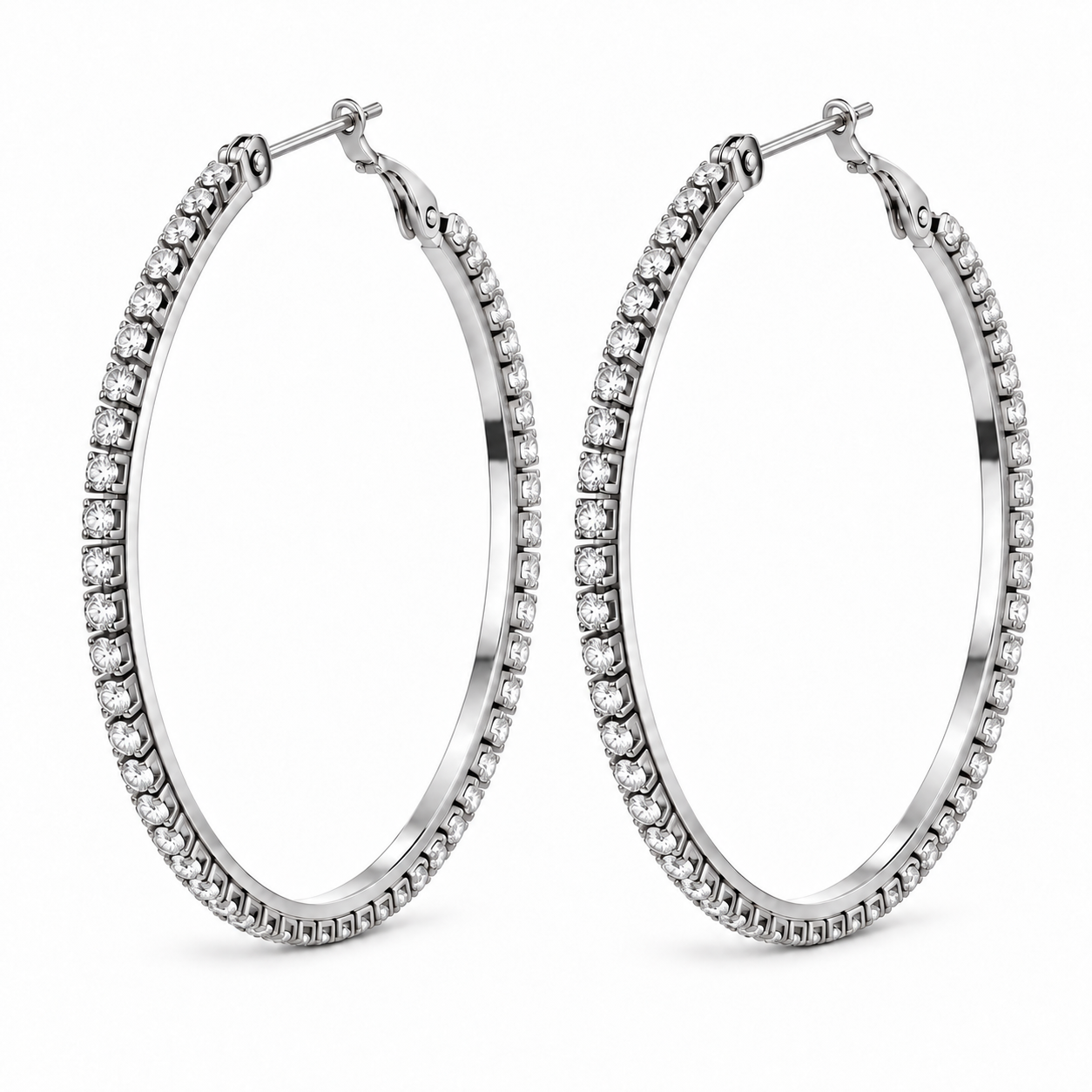 Orecchini Cerchio Strass 50 mm con fila di strass, versione silver