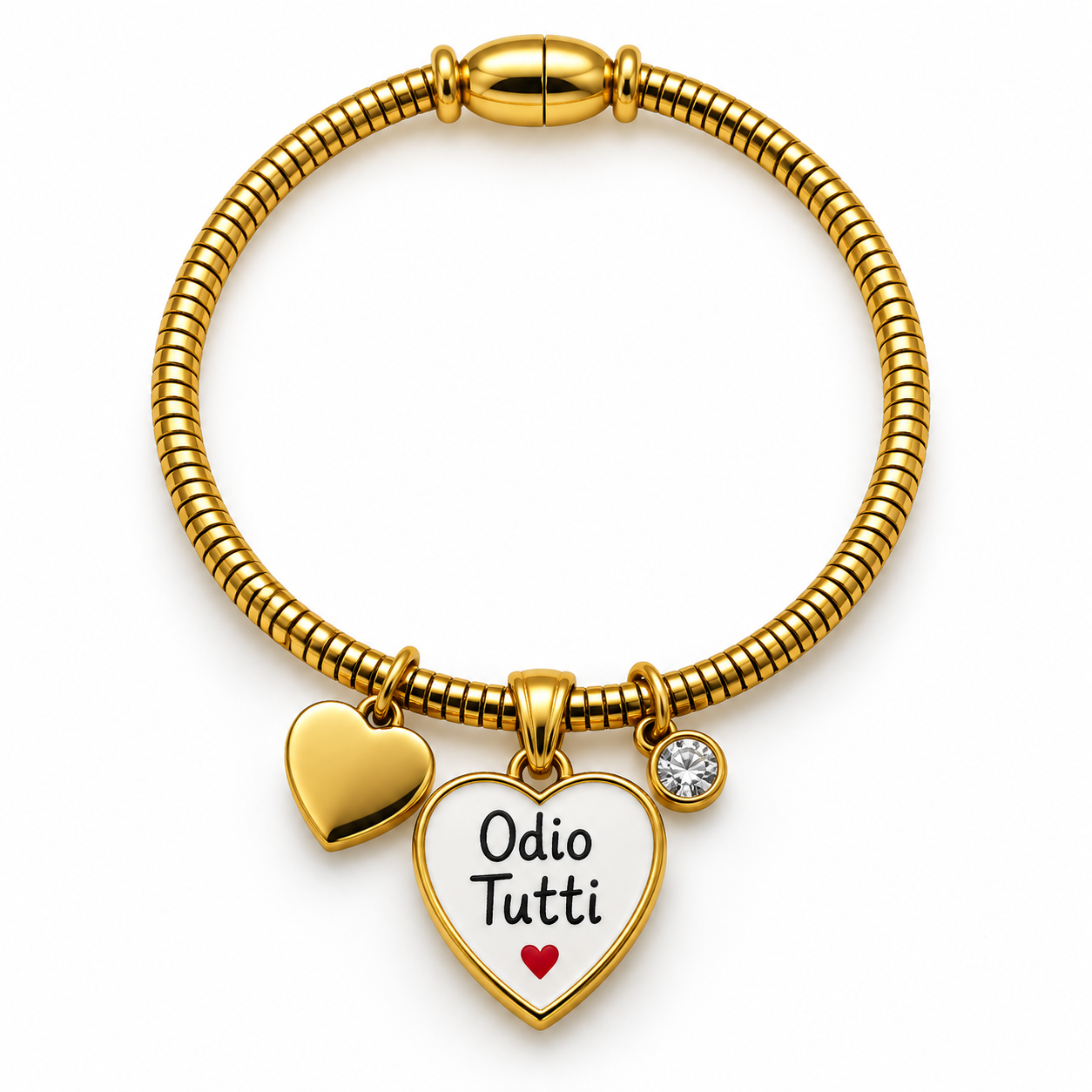 Bracciale Calamita con ciondolo a cuore e frase "Odio tutti", color oro