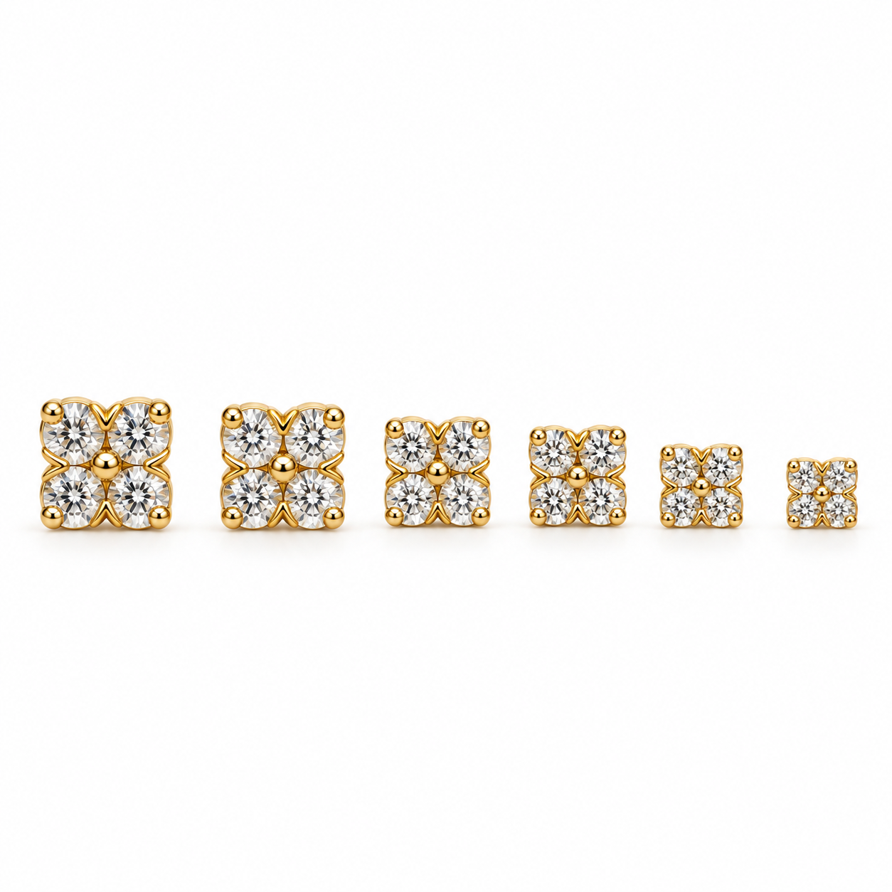 Set Armonia, 6 orecchini quadrati con strass in tre misure, versione gold