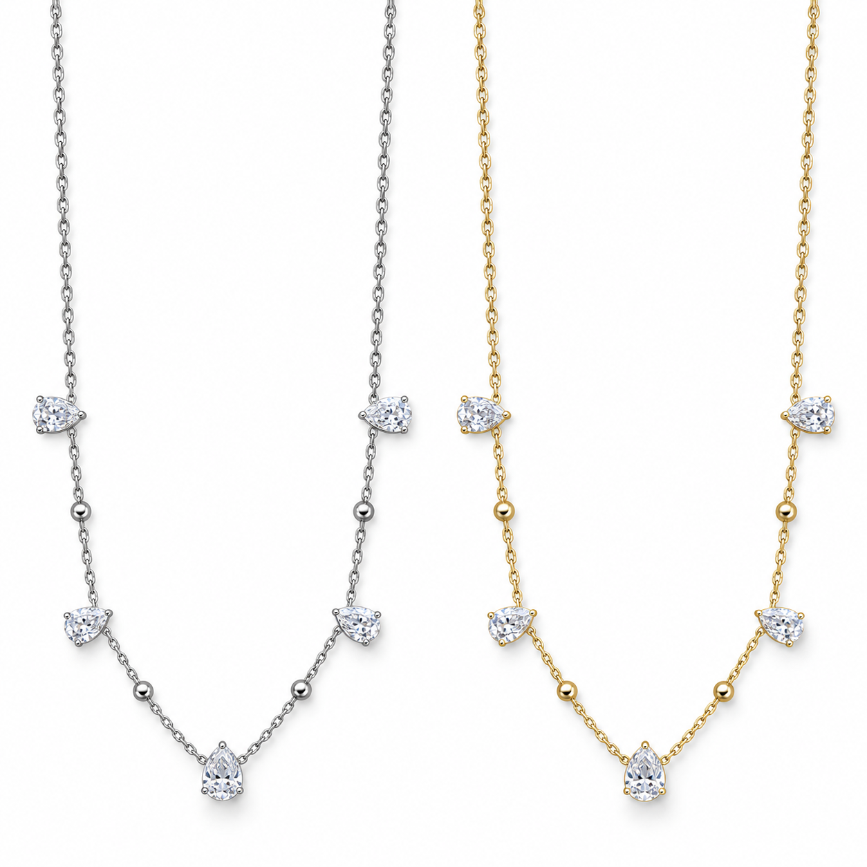 Collana Luméa con pendenti luminosi a cuore e goccia, versioni silver e gold