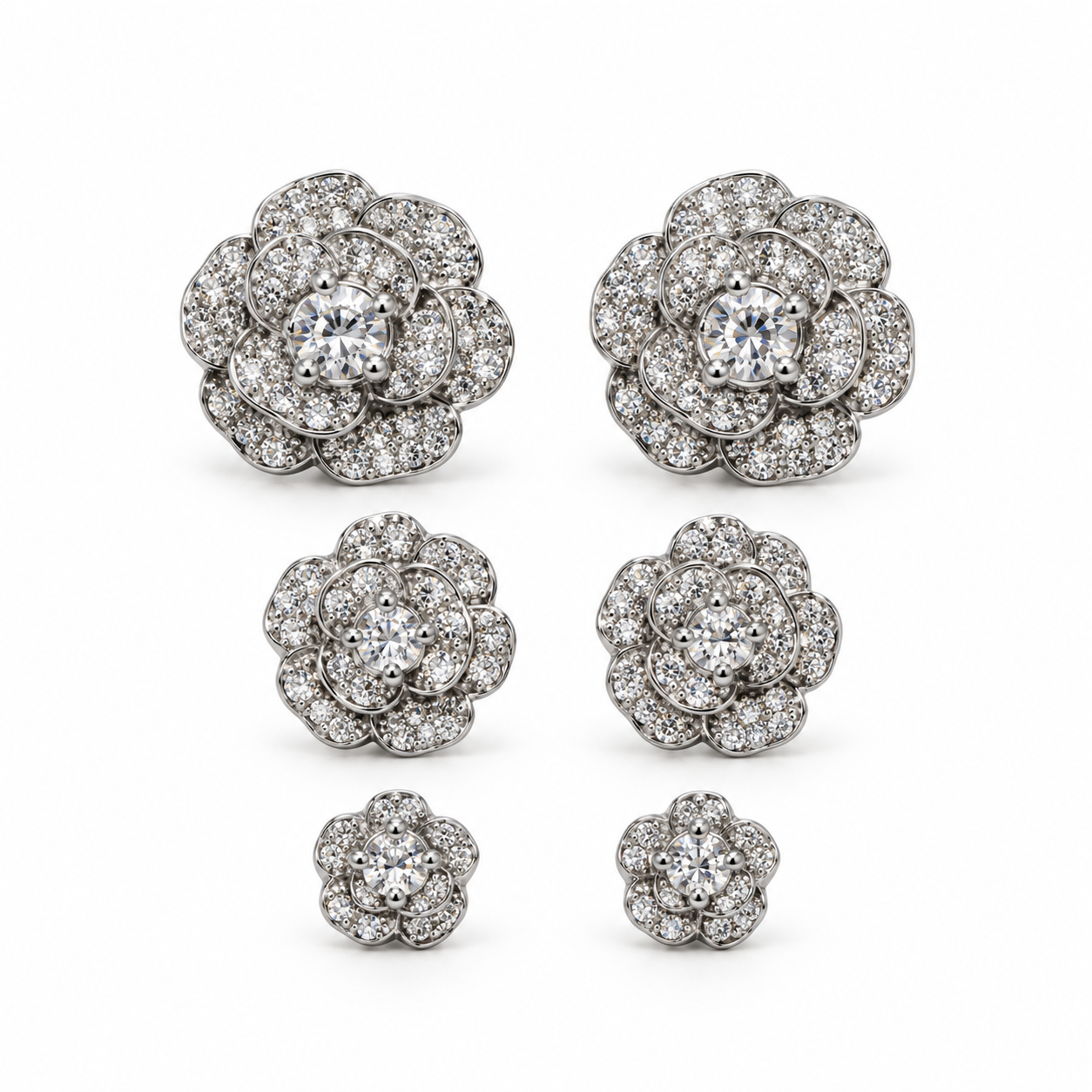 Set Rosellina, sei orecchini a rosa in tre misure, versione silver