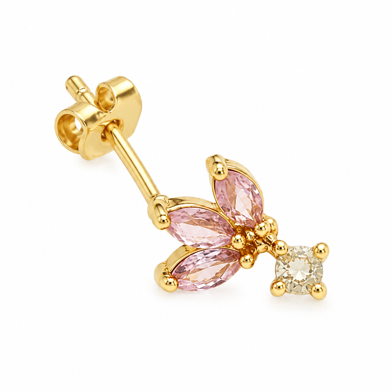 Lobo Tris Pastel con tre strass rosa a goccia e un punto luce chiaro, versione gold