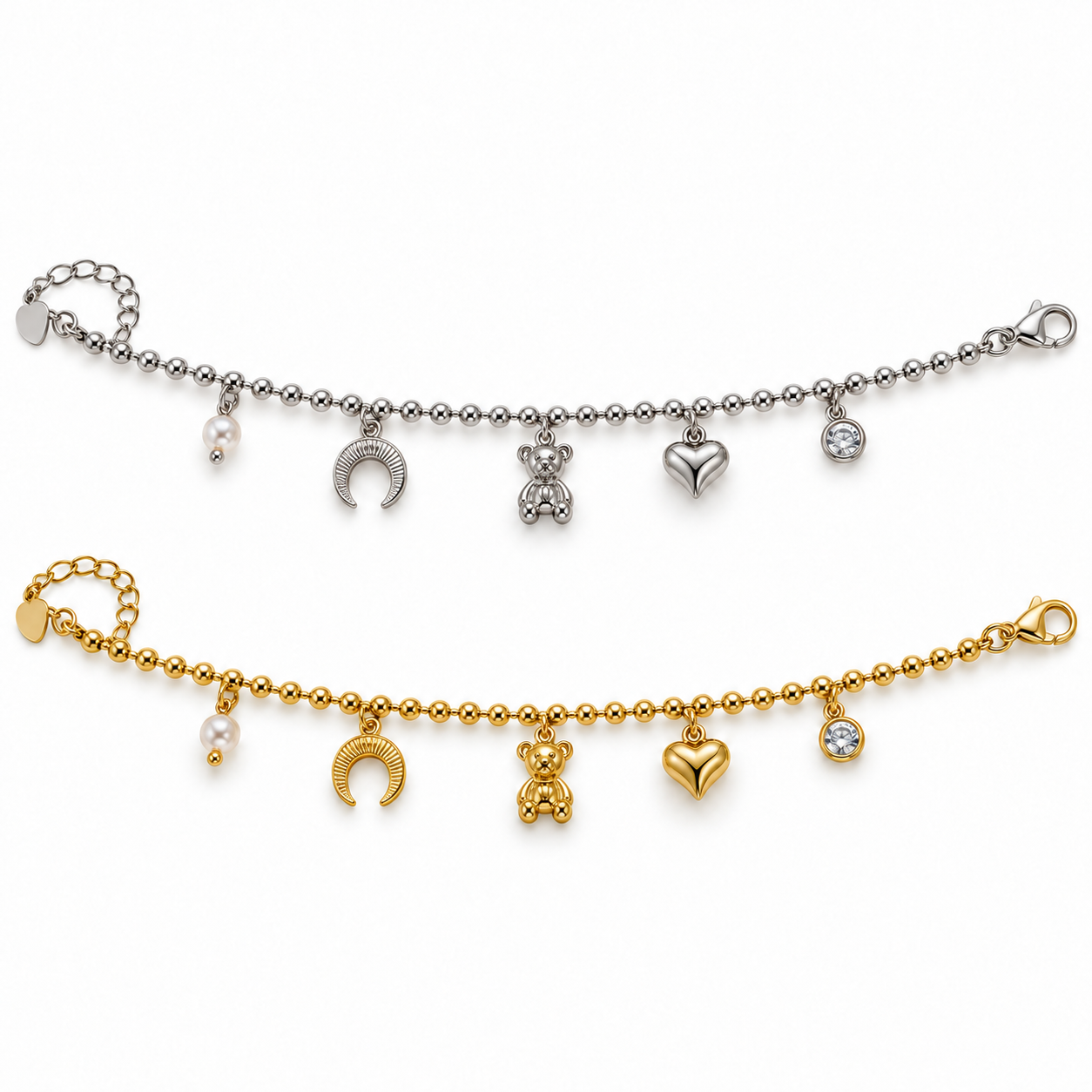 Bracciale Coccole di Luna a sfere con charm a luna e cuore, versioni silver e gold