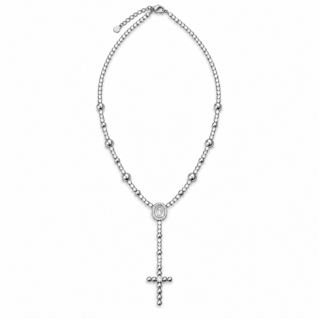 Collana Rosario Luminoso con sfere e croce pendente, versione silver