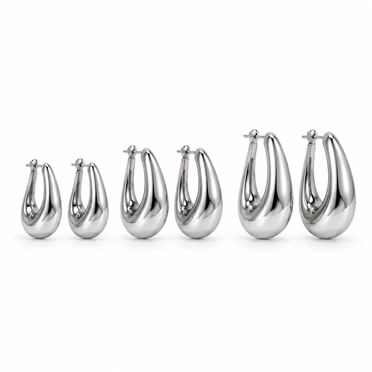 Set Orecchino Scivolo, tre paia di orecchini a goccia in misure crescenti, versione silver