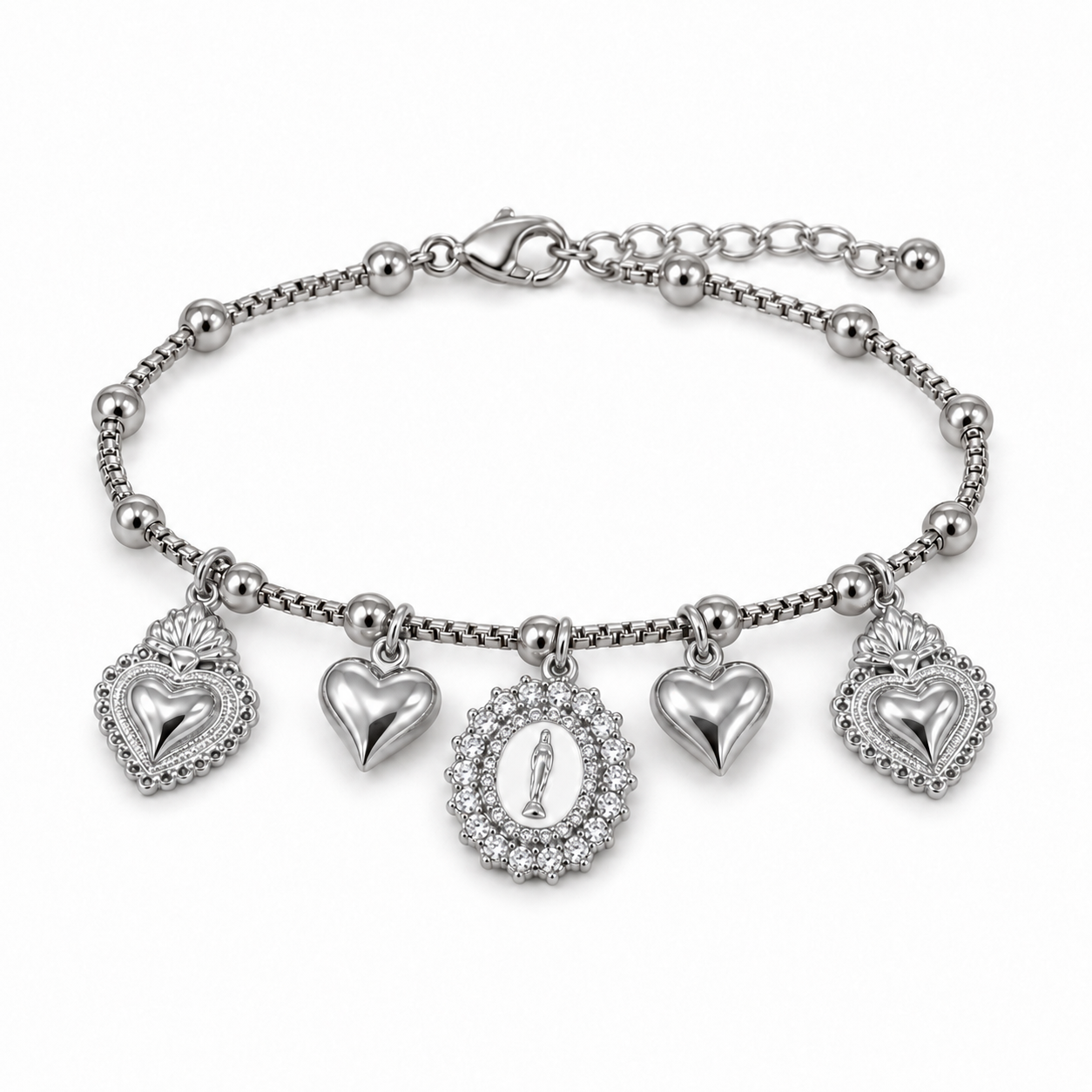 Bracciale Amor Divino con cuori sacri e medaglia ovale, versione silver