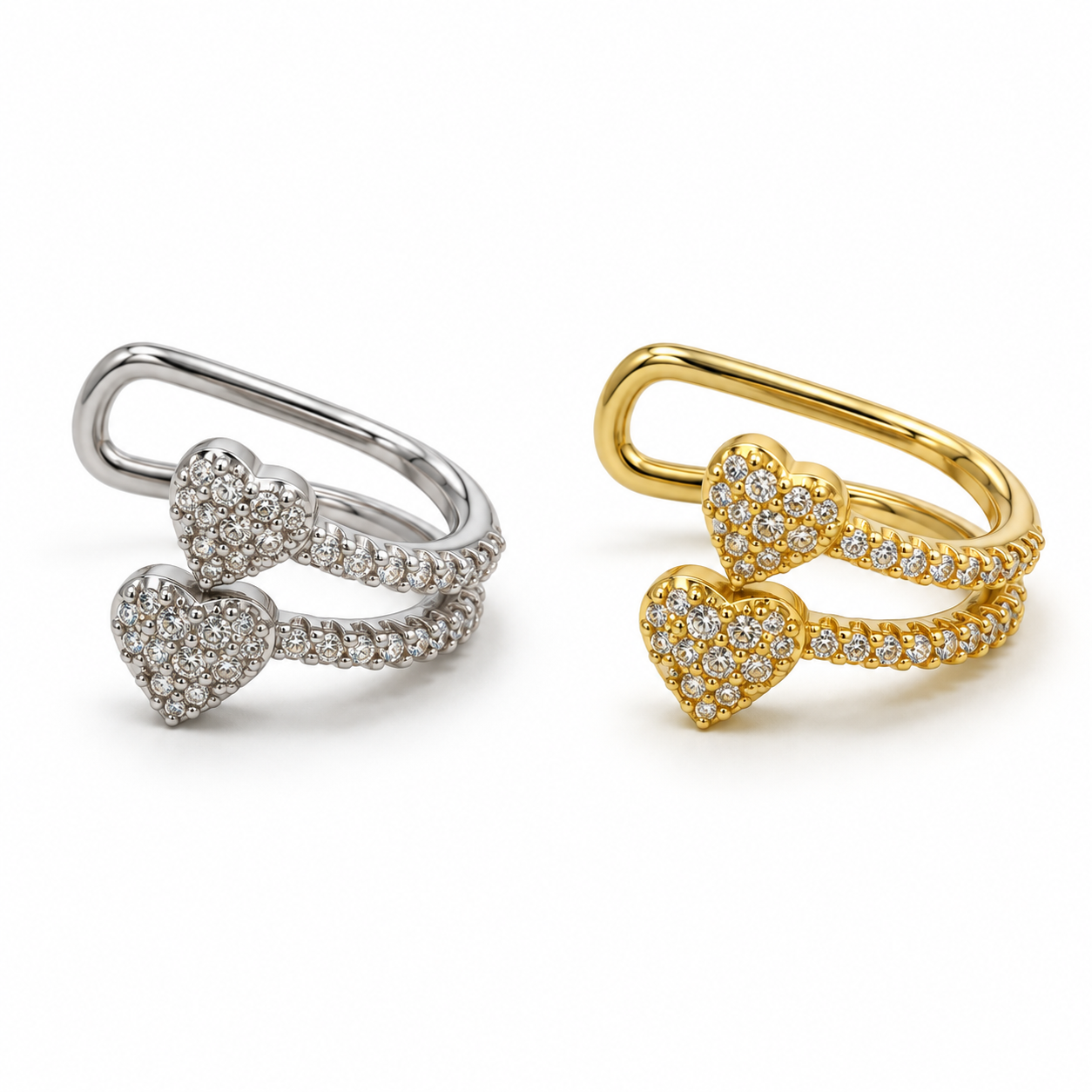 Ear cuff Doppio Cuore con pavé brillante, nelle varianti silver e gold