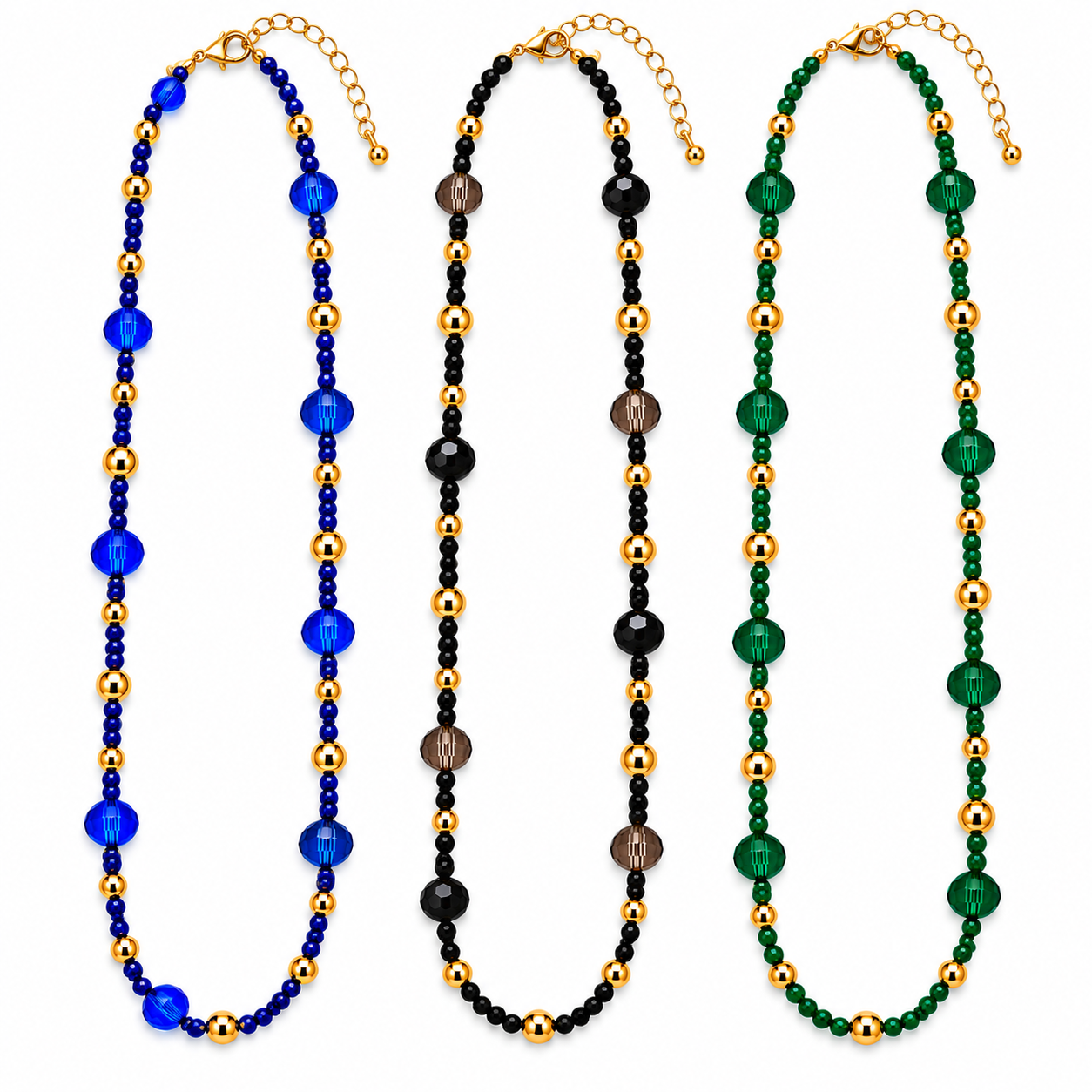 Collana Dalia con perline colorate e sfere dorate, varianti blu, nero e verde