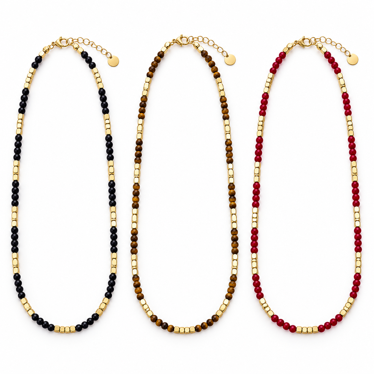 Collana Maya con perline e dettagli dorati, varianti nero, marrone e bordeaux