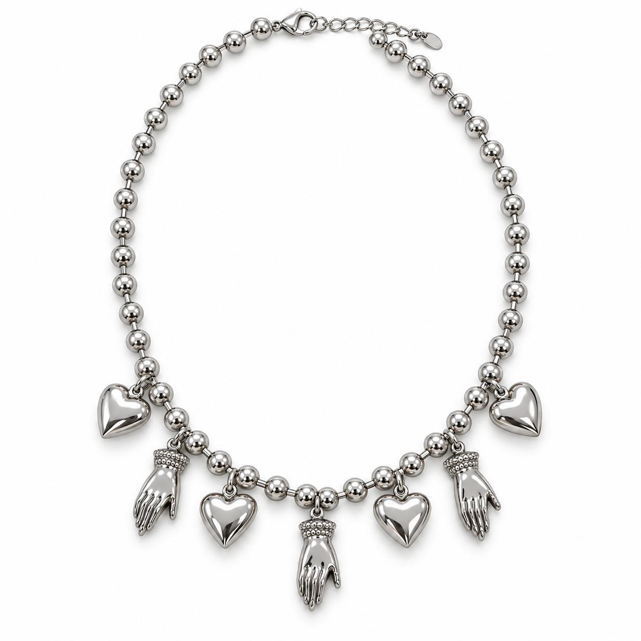Collana Premura a sfere con ciondoli a cuore e a mano, versione silver