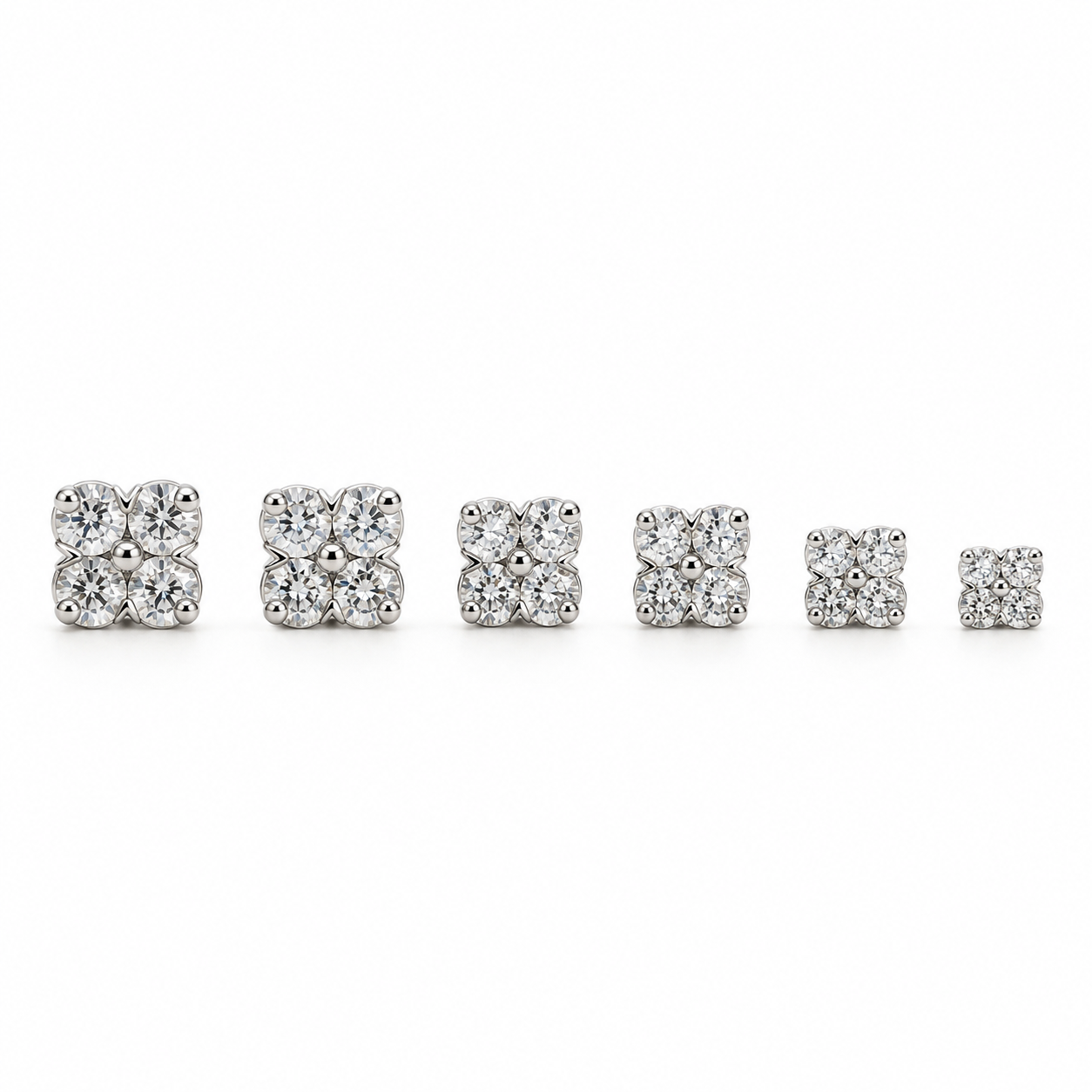 Set Armonia, 6 orecchini quadrati con strass in tre misure, versione silver