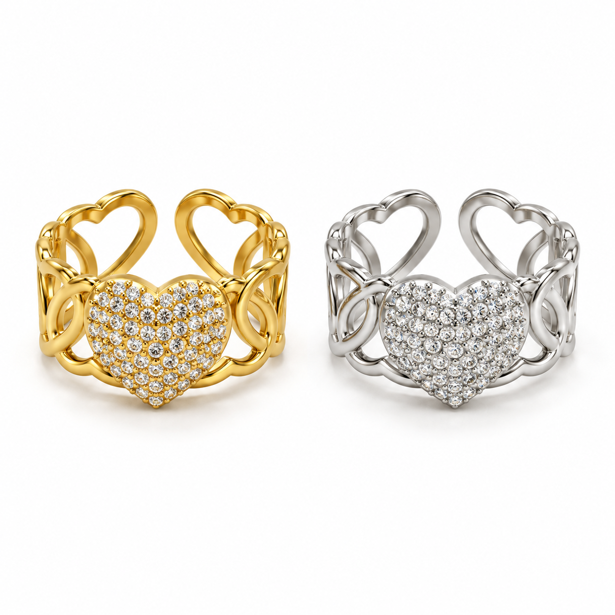 Anello Batticuore con cuore luminoso e fascia traforata a cuori, versioni gold e silver