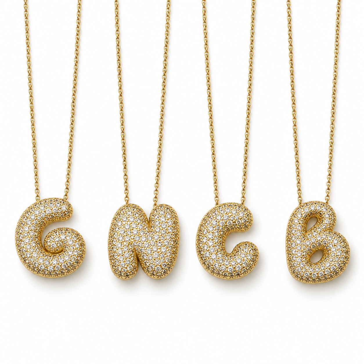 Collana Puffy con lettere G, N, C, B ricoperte di strass, versione gold