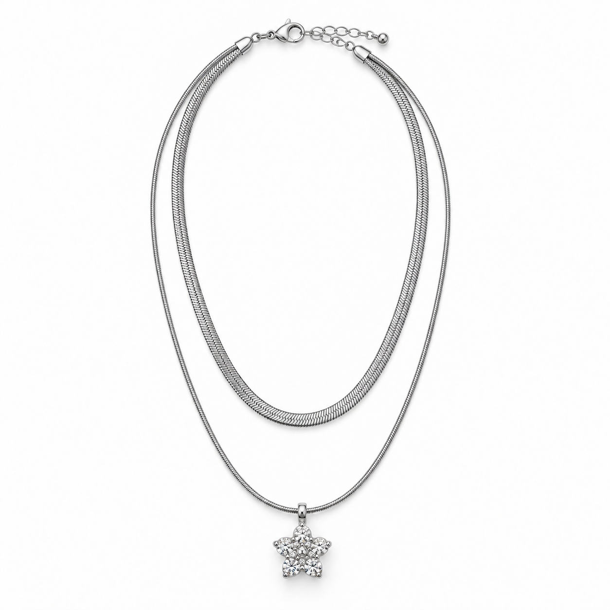 Collana Snake Fiore a doppio filo con ciondolo a fiore, versione silver