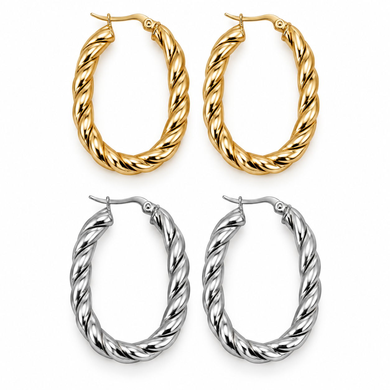 Orecchino Treccia a cerchio ovale intrecciato, versioni gold e silver