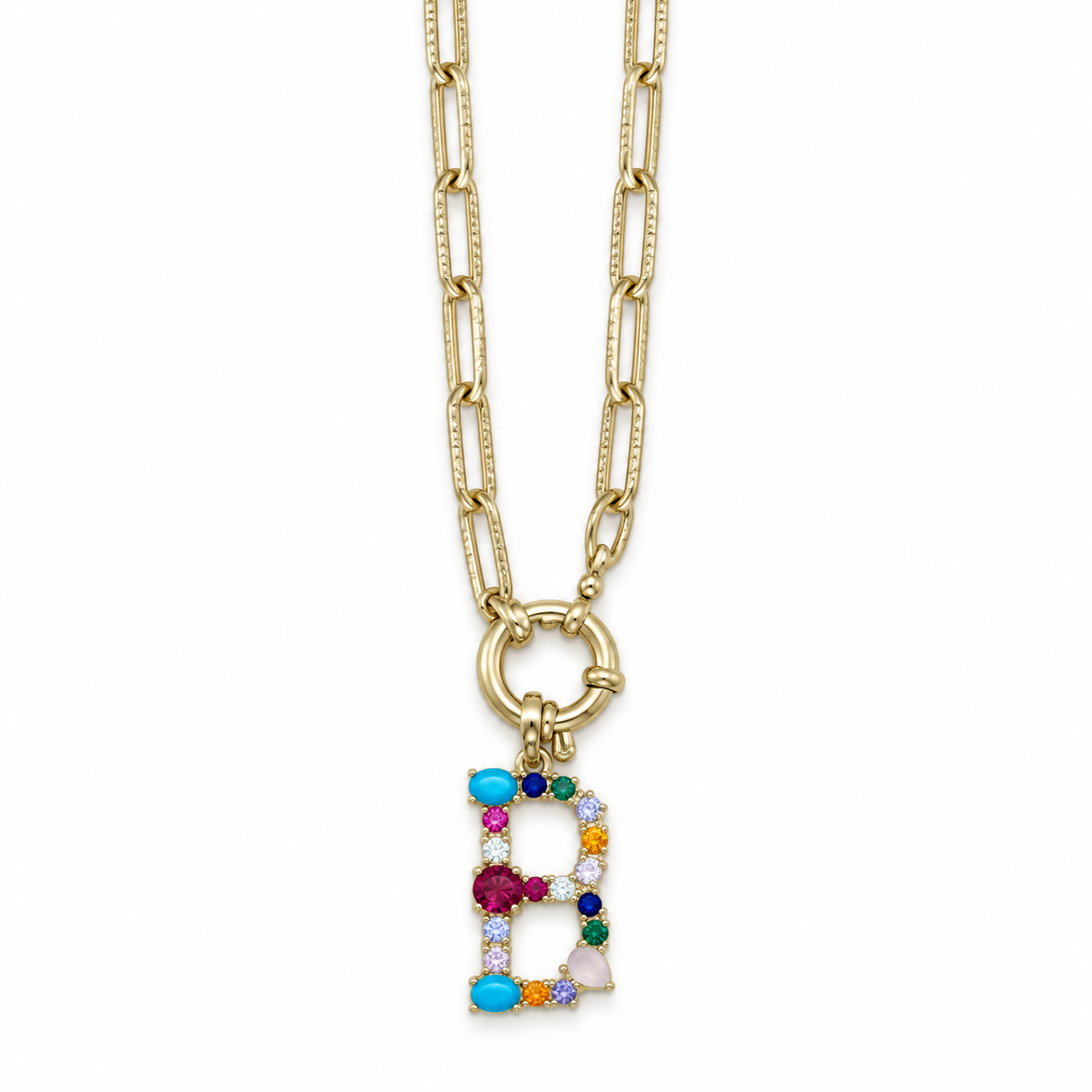 Collana Color gold a maglie allungate con lettera B multicolore