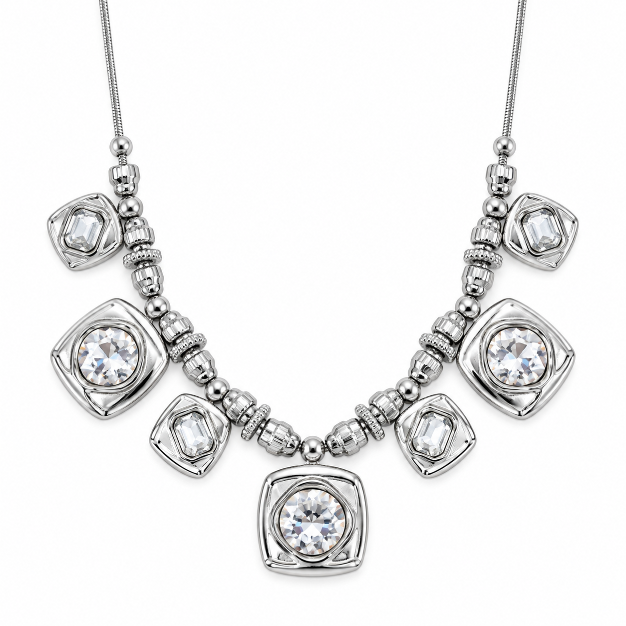 Collana Versailles con pietre tonde in cornici quadrate, versione silver