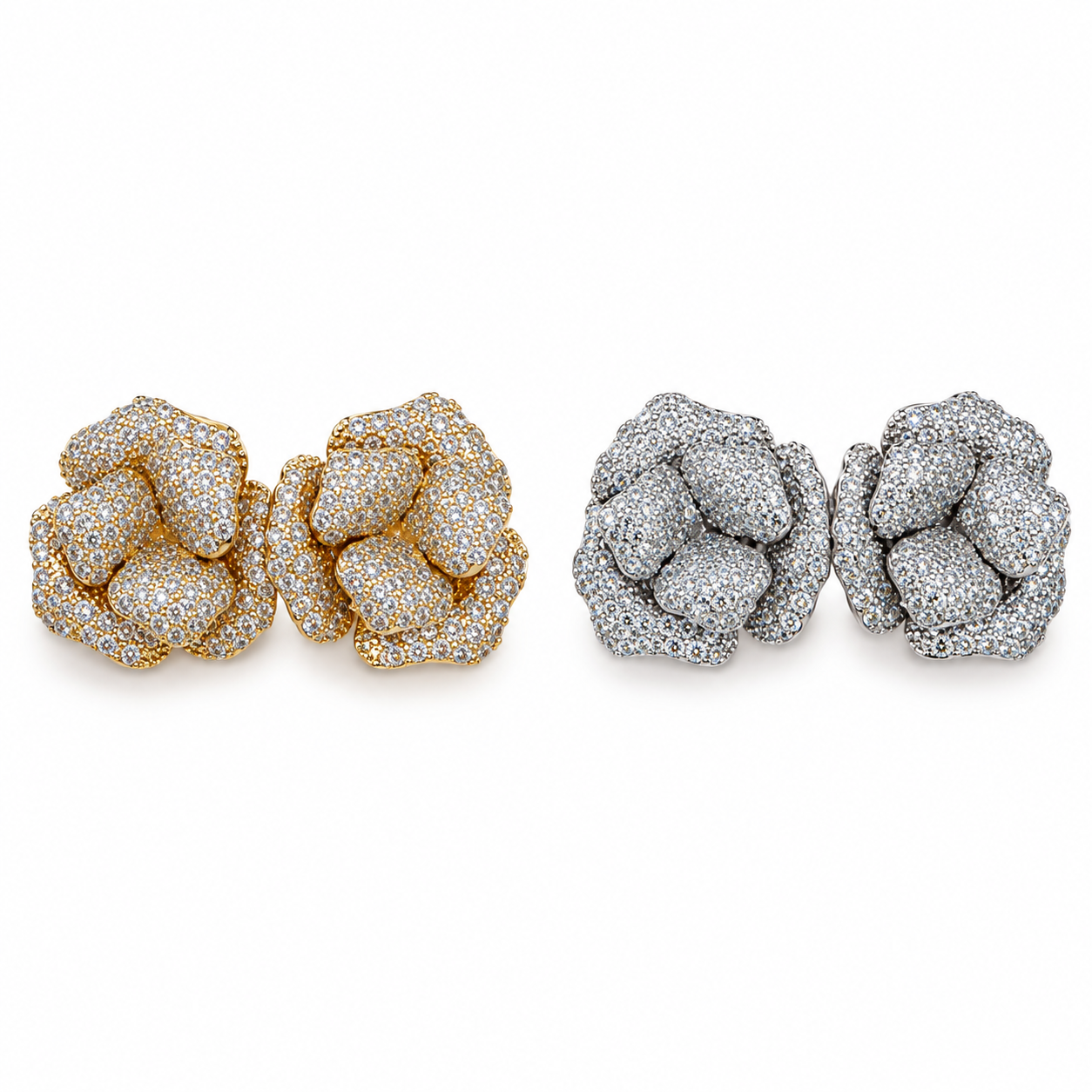 Orecchino Rosalie a forma di rosa con strass, versioni gold e silver