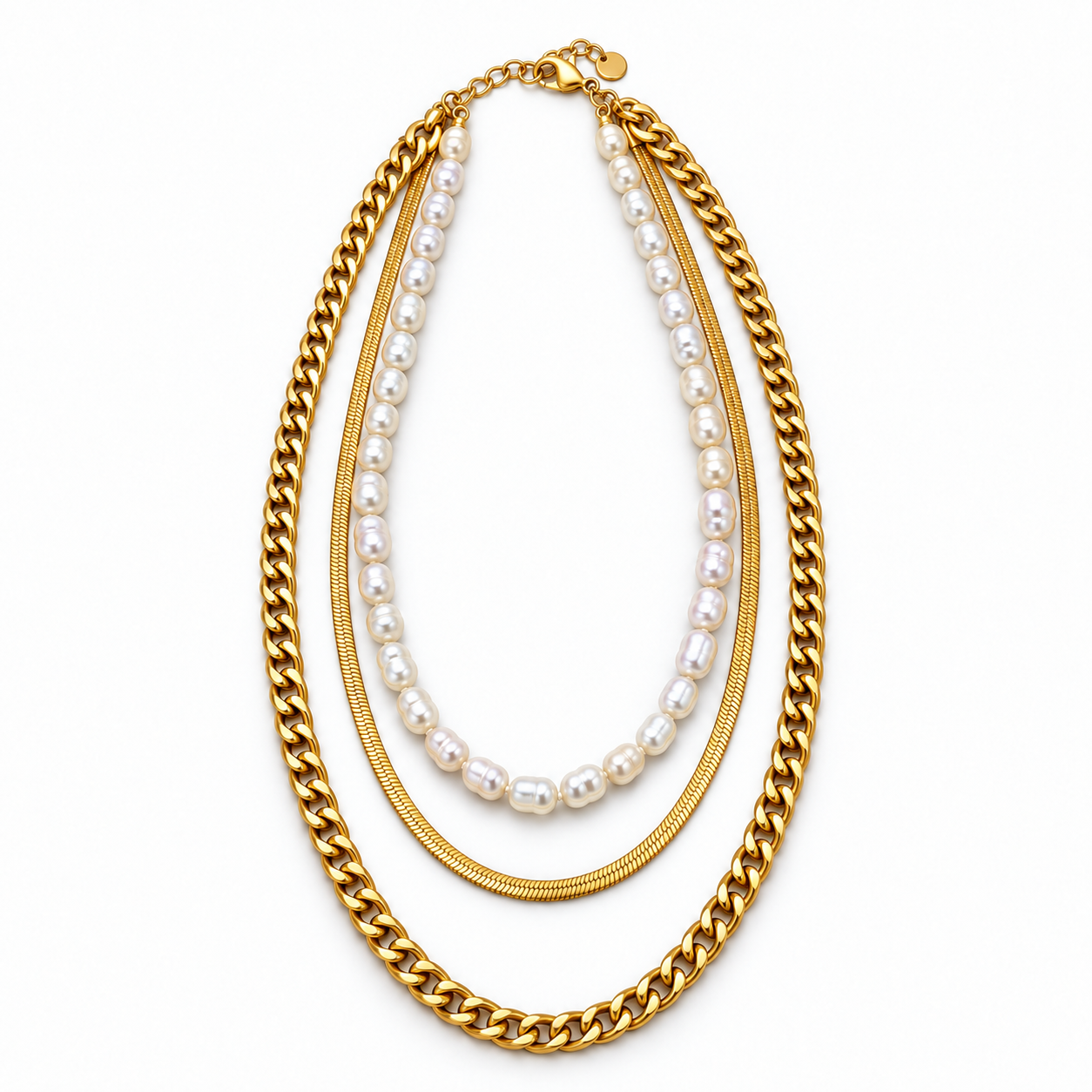 Collana Tris Perle a tre fili con catena groumette, catena liscia e filo di perle, color oro