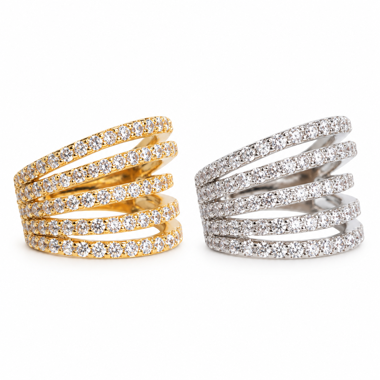 Ear Cuff 5strass a cinque file di strass, versioni oro giallo e argento