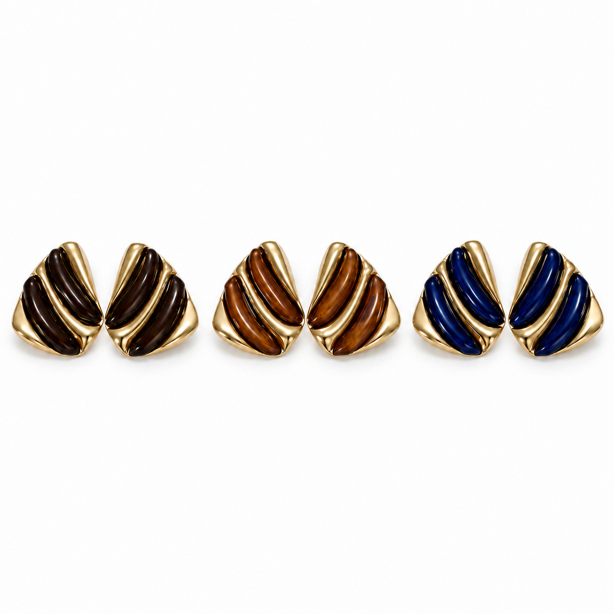 Orecchino Sahara a righe colorate, versioni marrone, beige e blu