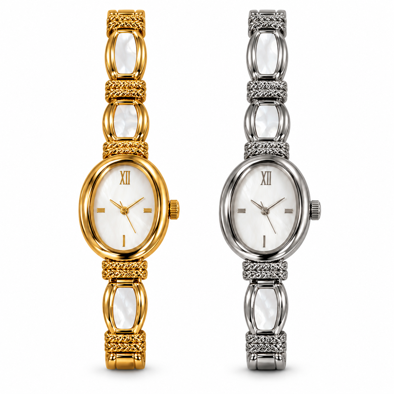 Timeless Bracciale/Orologio con quadrante ovale e maglie bianche, versioni gold e silver