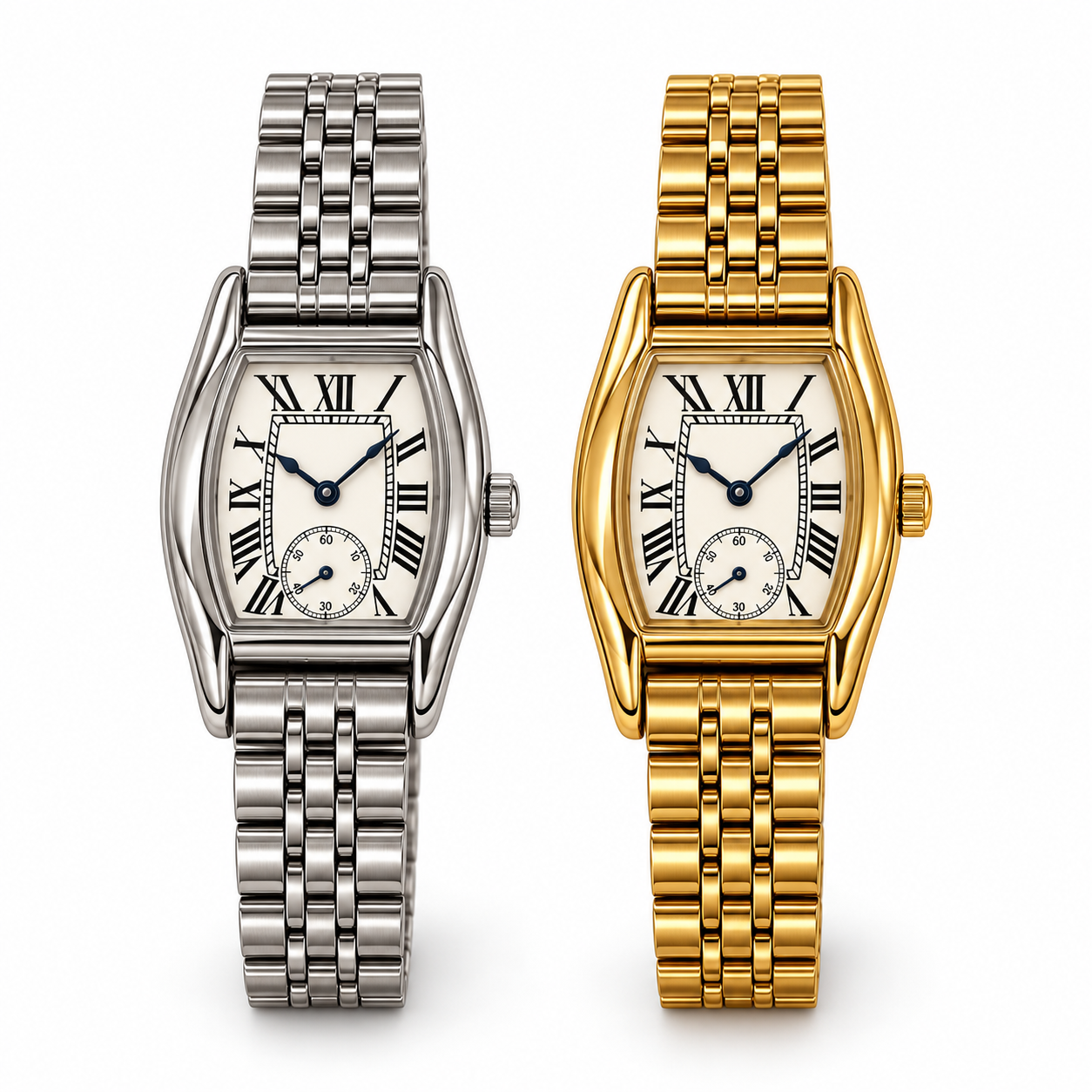 Timeless Bracciale/Orologio con cassa rettangolare e numeri romani, versioni silver e gold