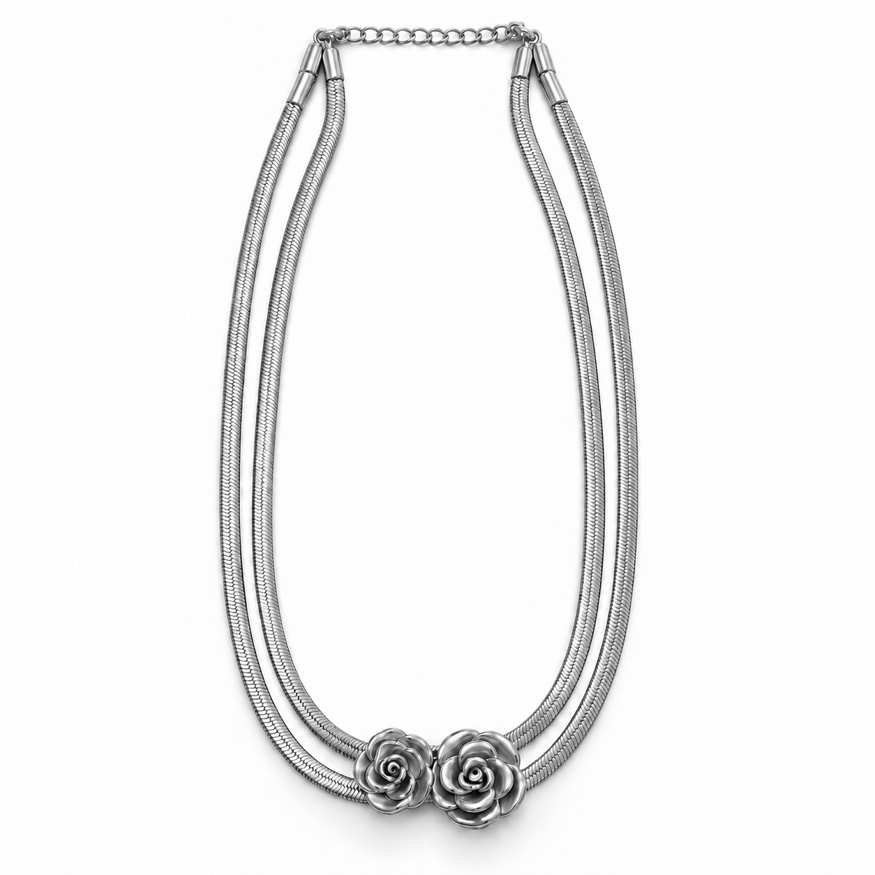 Collana Doppia Rosa a doppio filo con due rose al centro, versione silver
