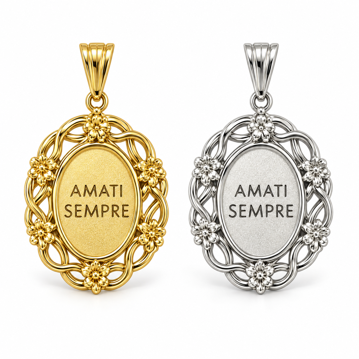 Ciondolo ovale Amati sempre, versioni gold e silver