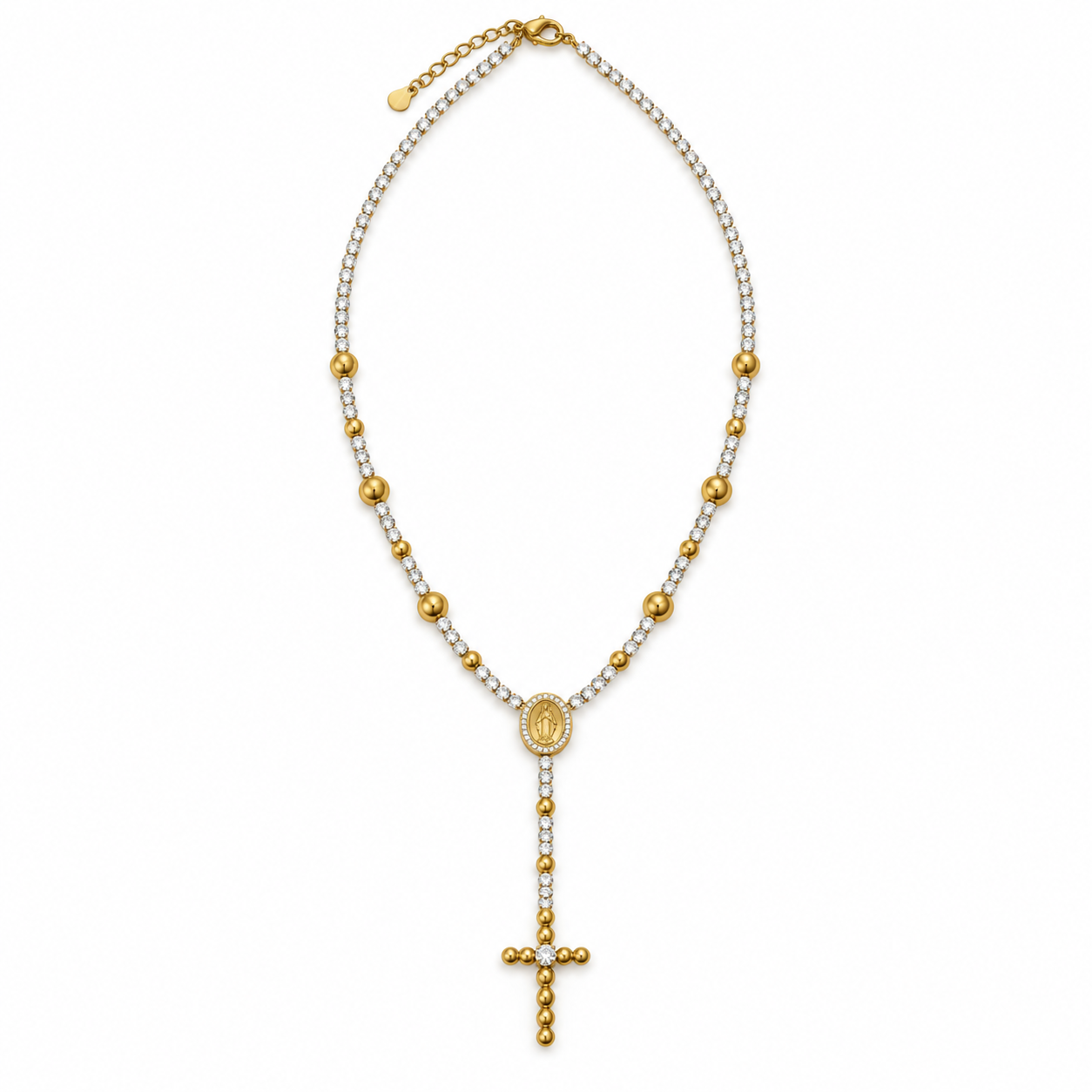 Collana Rosario Luminoso con sfere e croce pendente, versione gold