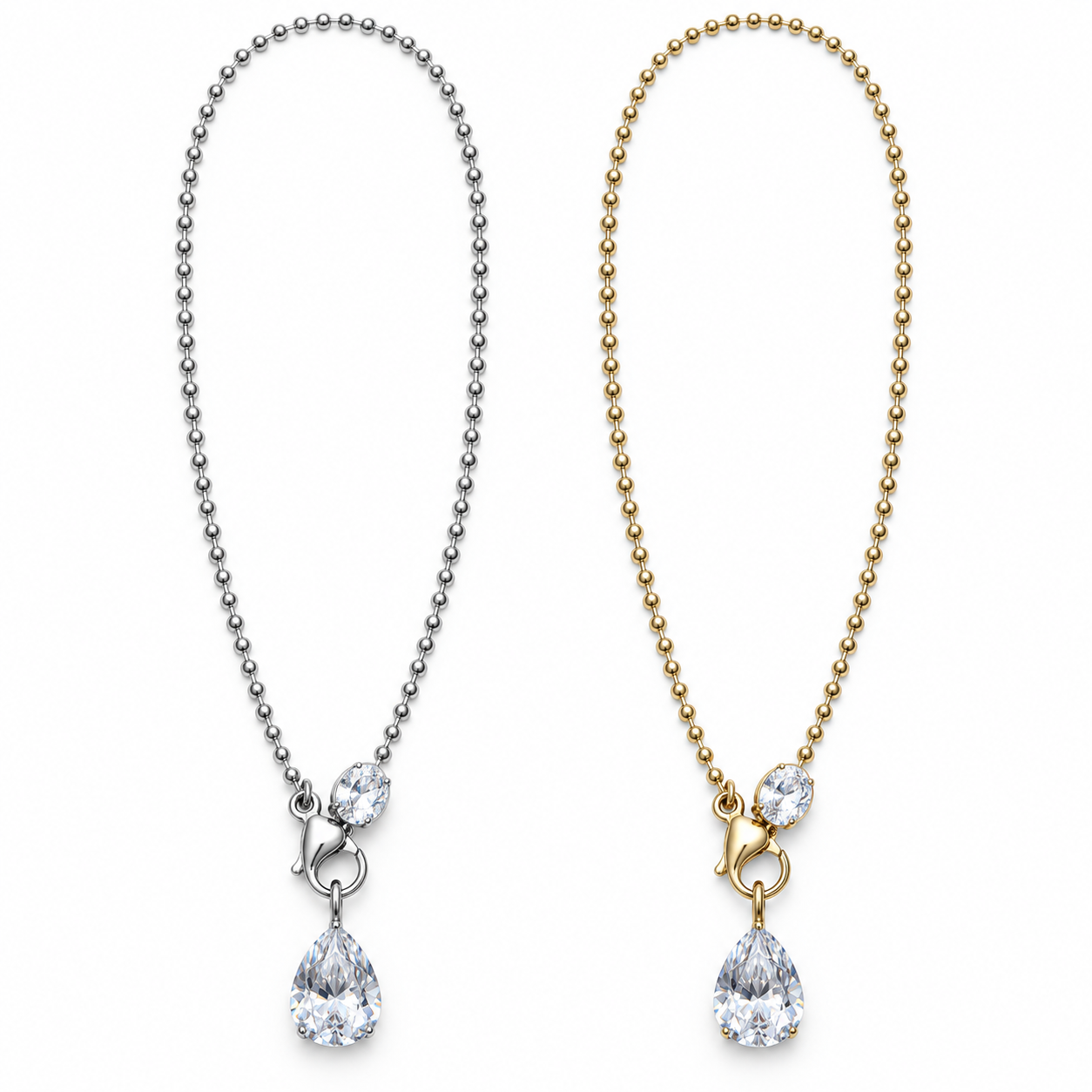 Collana Rugiada con catena a pallini e pendente a goccia, versioni silver e gold