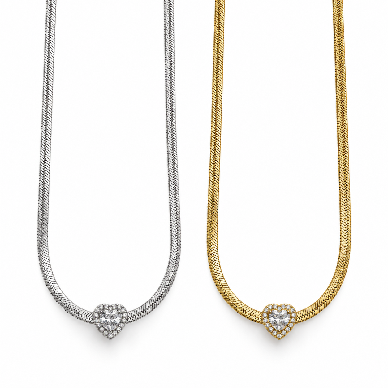Collana Heartsnake con catena snake e cuore luminoso, versioni silver e gold