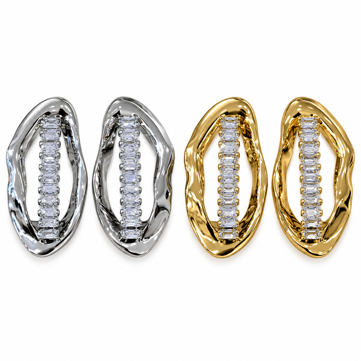 Orecchino Cristalli ovale con cristalli rettangolari, versioni silver e gold