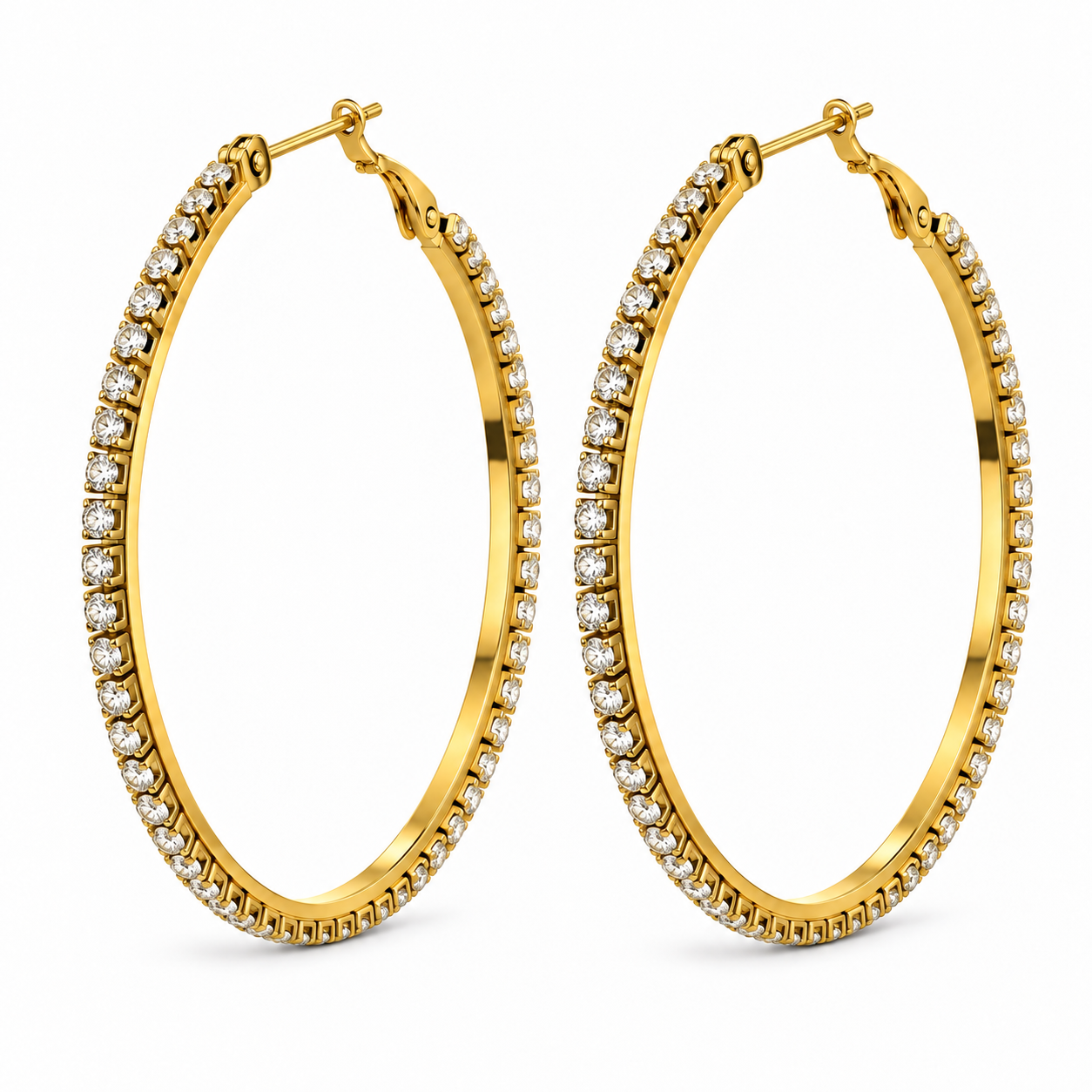 Orecchini Cerchio Strass 50 mm con fila di strass, versione gold