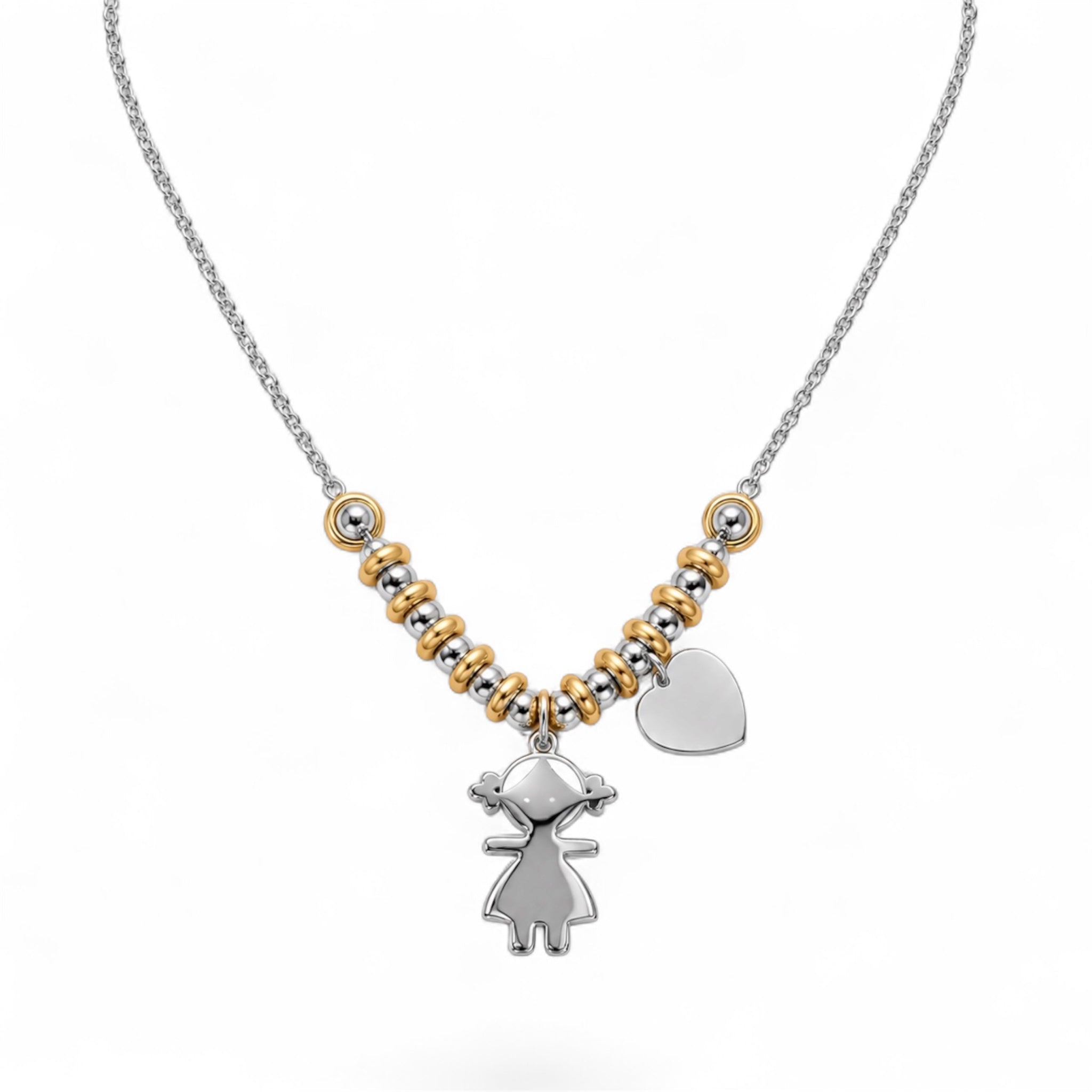 Collana Bimba con ciondolo bimba, medaglietta a cuore e sferette bicolore