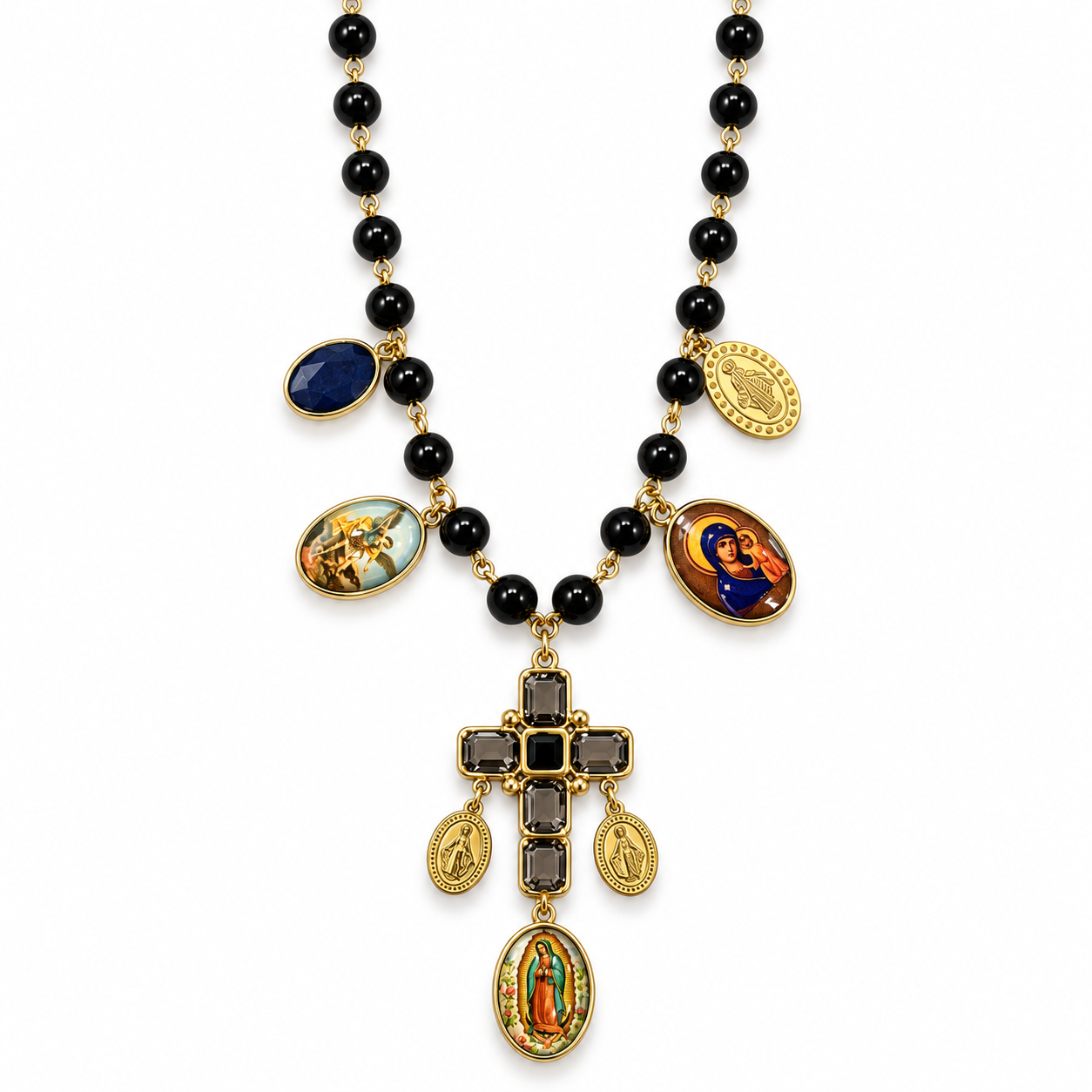 Collana Reliquia con perline nere, medagliette sacre e croce, versione gold