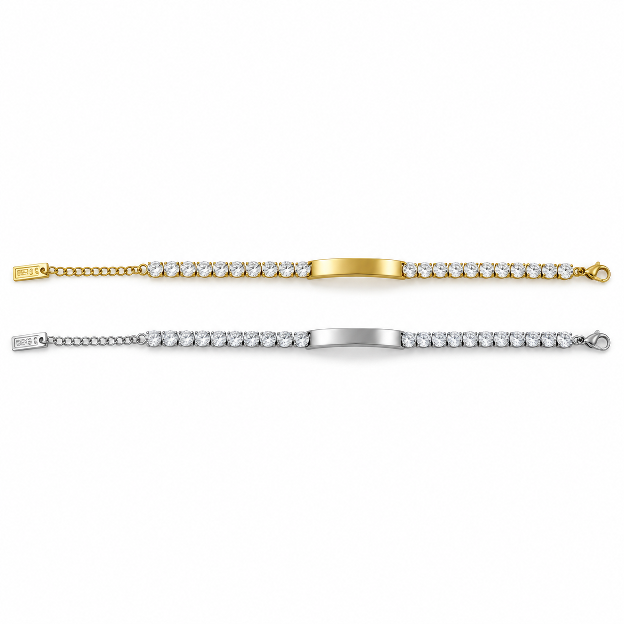 Bracciale Tennis Placchetta, vista intera con chiusura, versioni gold e silver