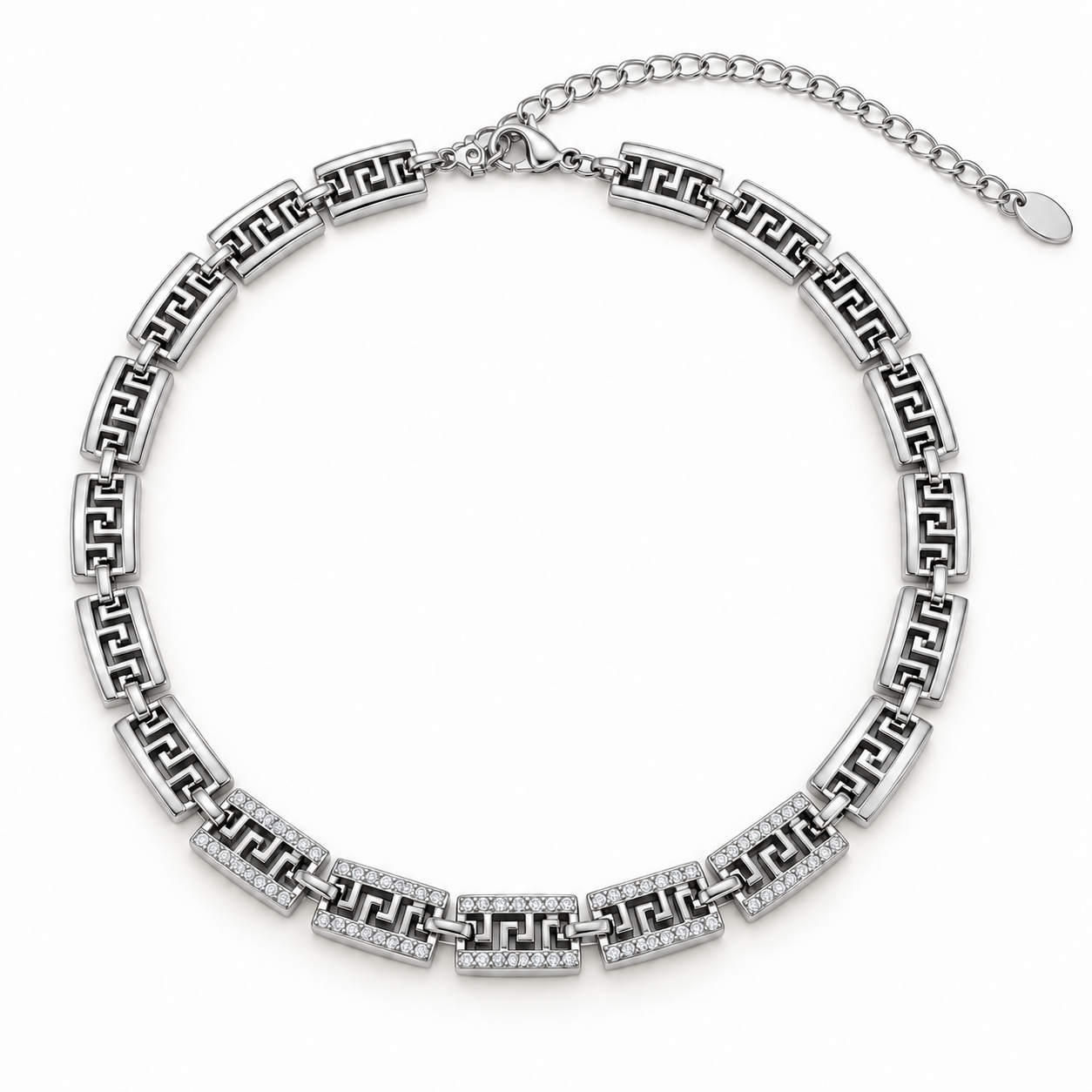 Girocollo Atena con maglie a motivo greca, versione silver